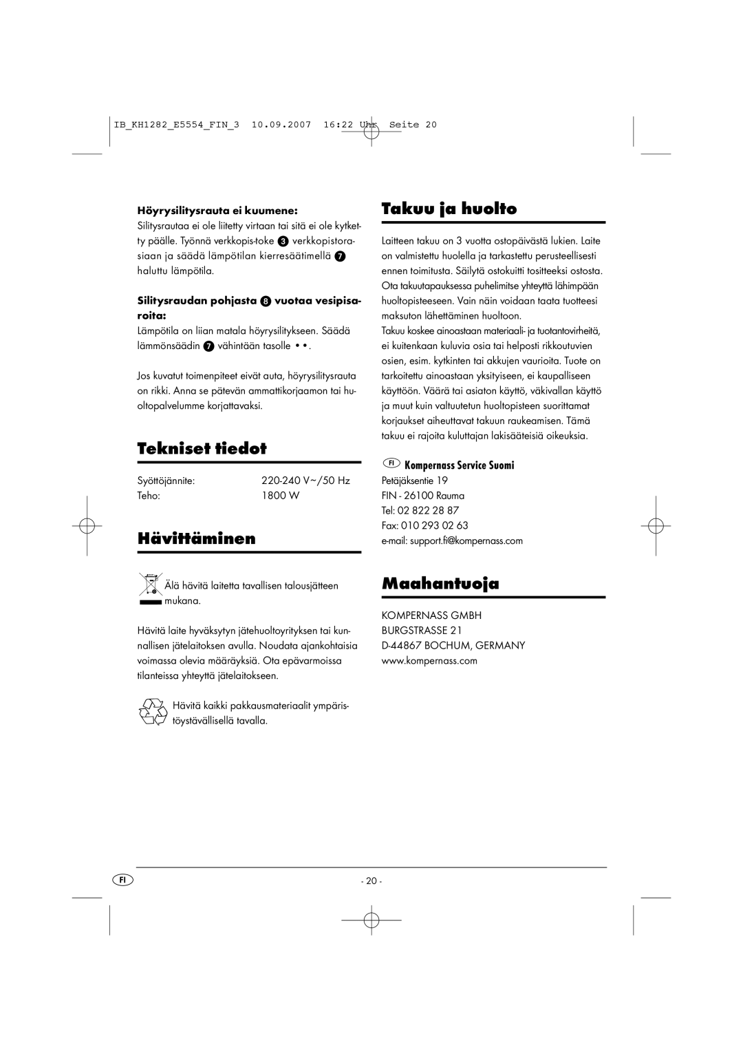 Kompernass KH 1282 operating instructions Tekniset tiedot, Hävittäminen, Takuu ja huolto, Maahantuoja 