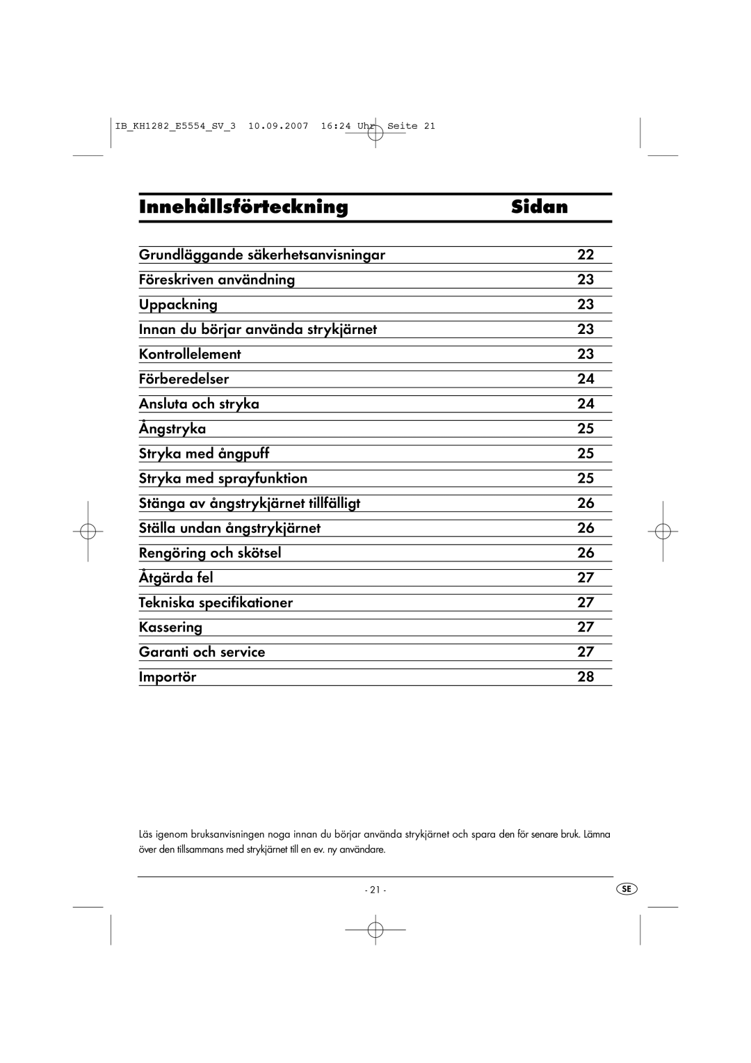 Kompernass KH 1282 operating instructions Innehållsförteckning Sidan 