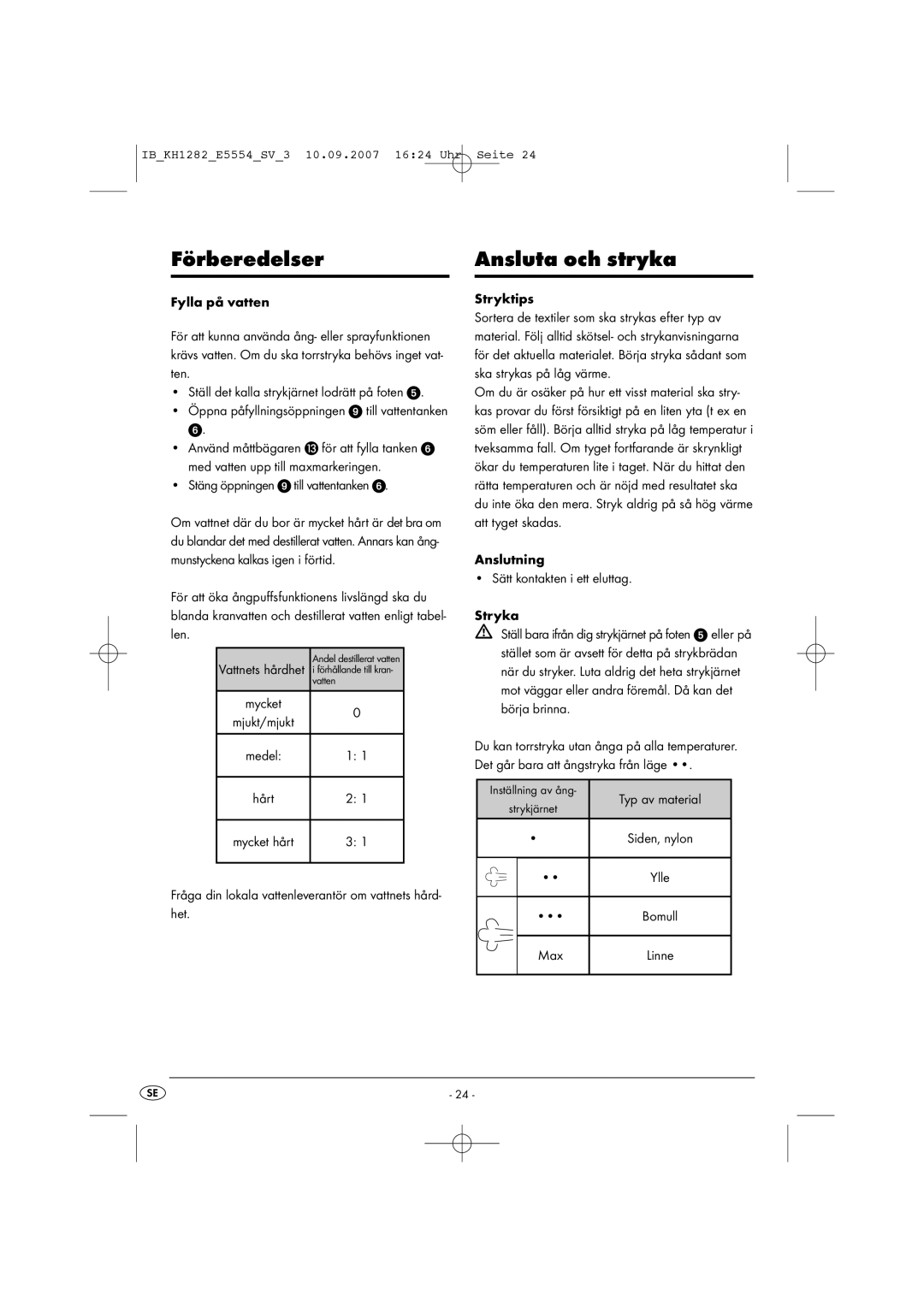 Kompernass KH 1282 operating instructions Förberedelser Ansluta och stryka, Öppna påfyllningsöppningen, Mjukt/mjukt, Bomull 