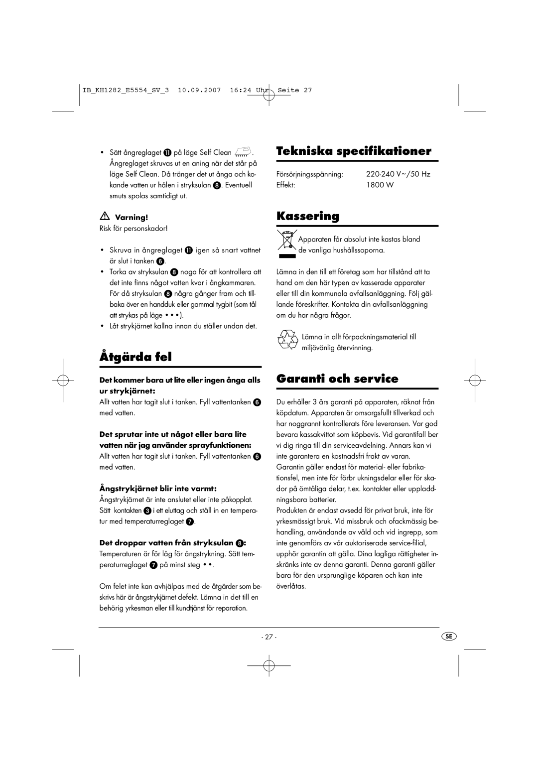 Kompernass KH 1282 operating instructions Åtgärda fel, Tekniska specifikationer, Kassering, Garanti och service 