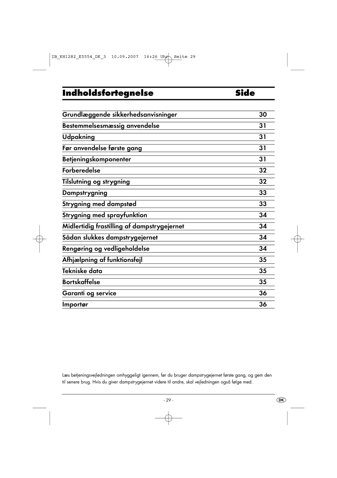 Kompernass KH 1282 operating instructions Indholdsfortegnelse Side 