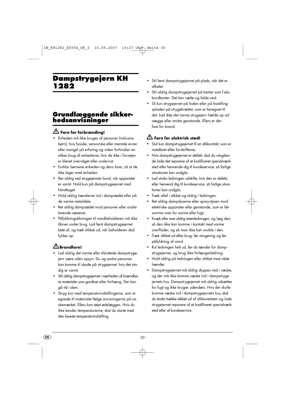 Kompernass KH 1282 operating instructions Dampstrygejern KH, Grundlæggende sikker- hedsanvisninger 