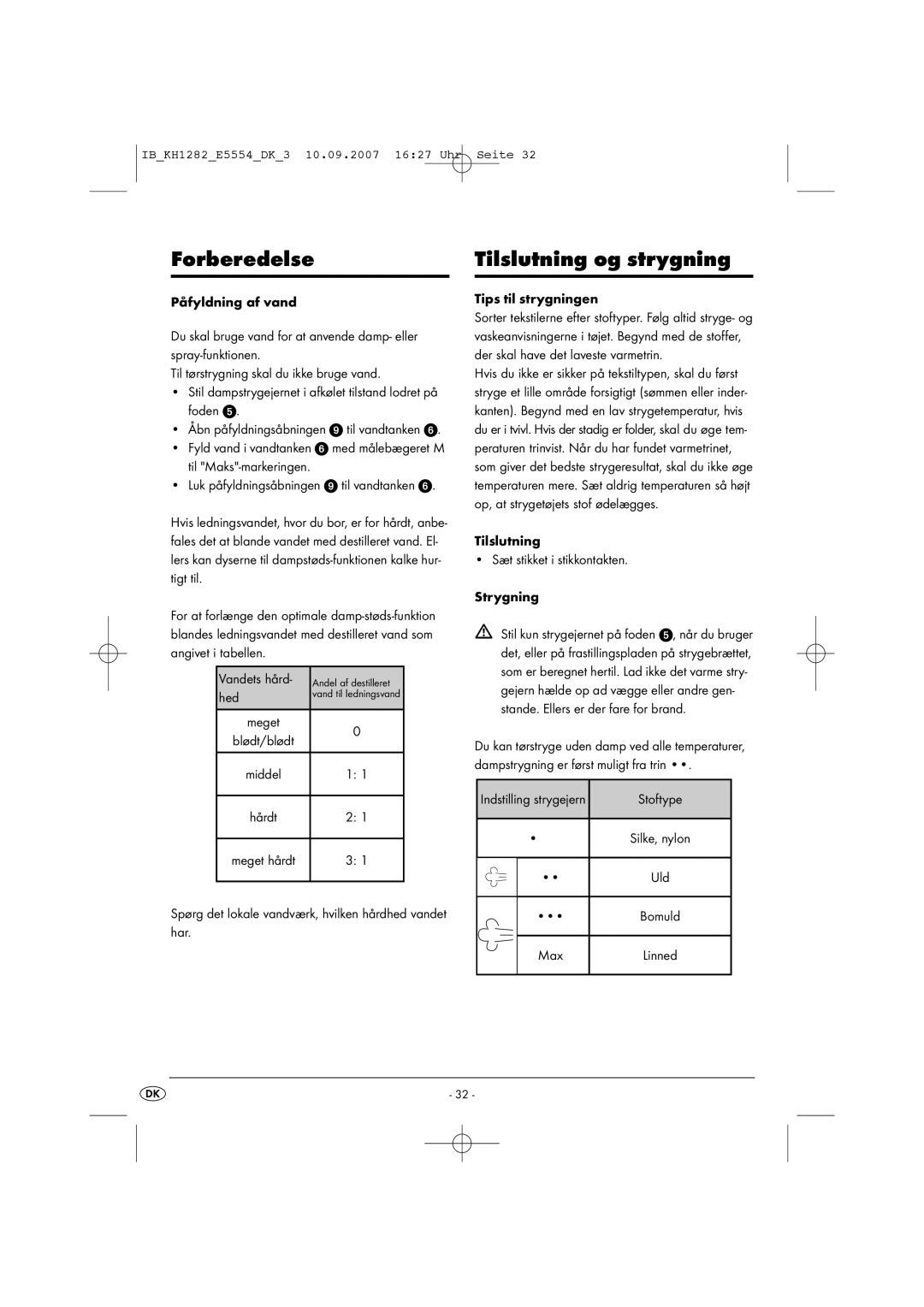 Kompernass KH 1282 operating instructions Forberedelse, Tilslutning og strygning 