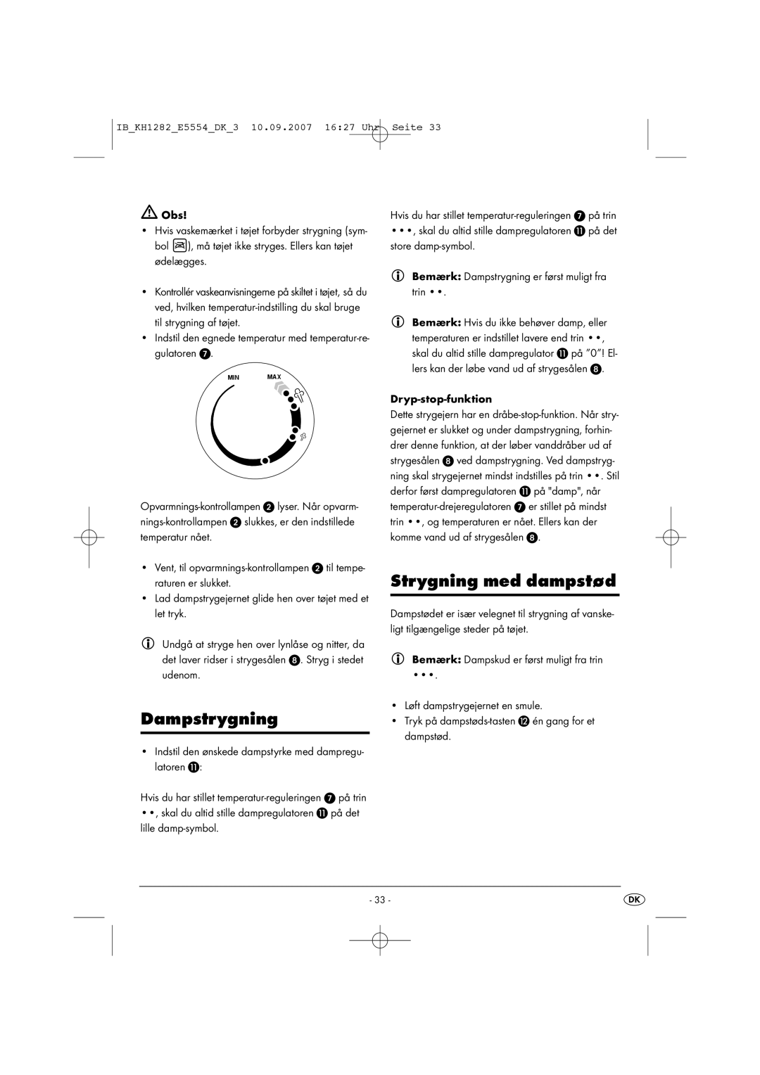 Kompernass KH 1282 operating instructions Dampstrygning, Strygning med dampstød 