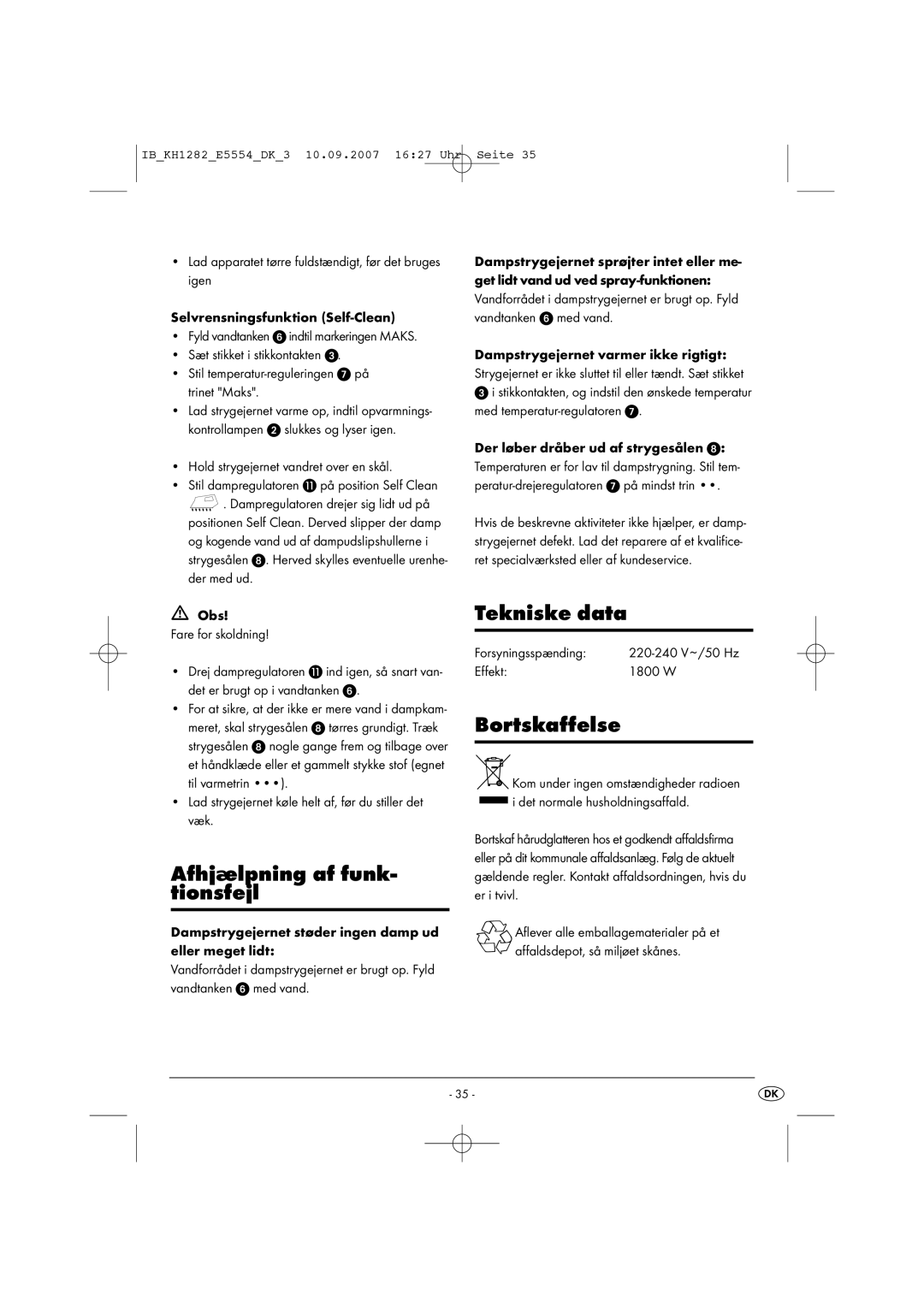 Kompernass KH 1282 operating instructions Afhjælpning af funk- tionsfejl, Tekniske data, Bortskaffelse 