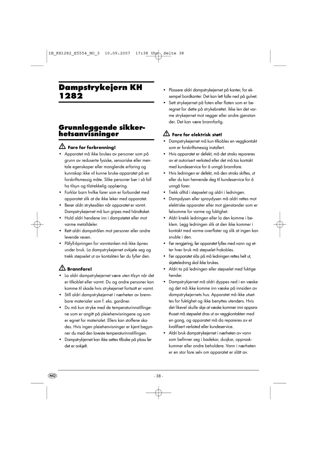 Kompernass KH 1282 operating instructions Dampstrykejern KH, Grunnleggende sikker- hetsanvisninger 