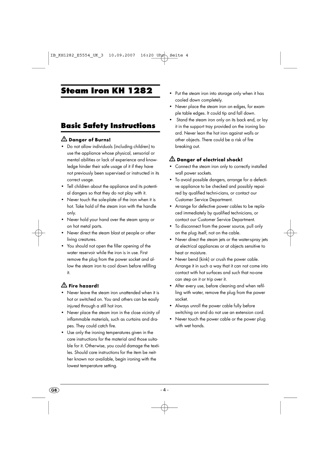 Kompernass KH 1282 operating instructions Steam Iron KH, Basic Safety Instructions 