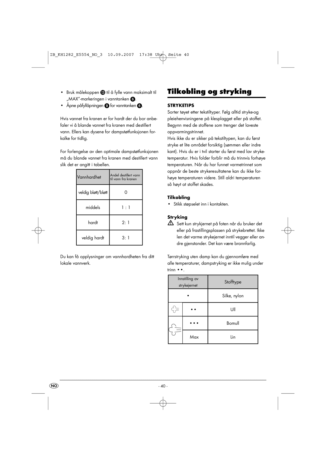 Kompernass KH 1282 operating instructions Tilkobling og stryking 