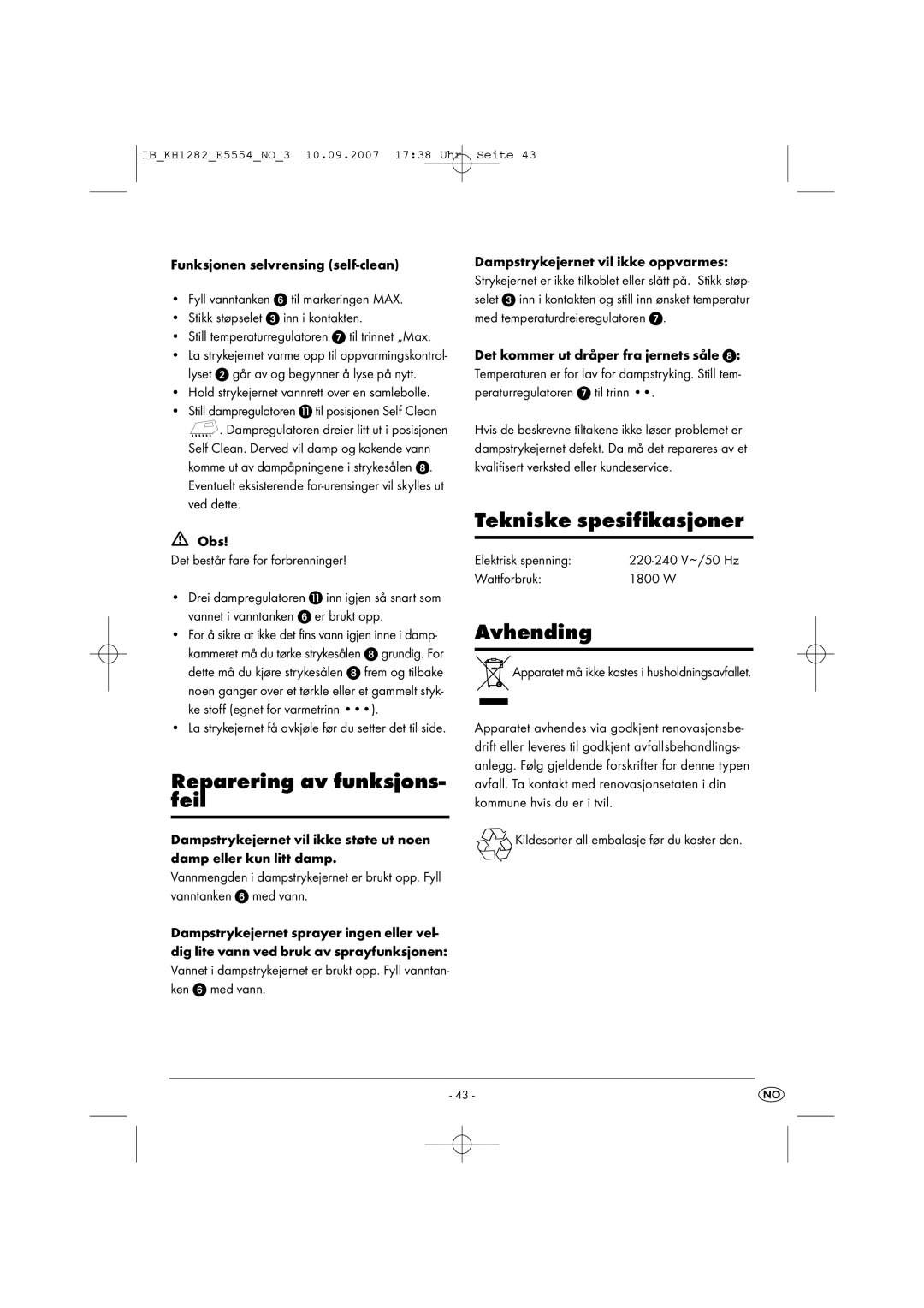 Kompernass KH 1282 operating instructions Reparering av funksjons- feil, Tekniske spesifikasjoner, Avhending 