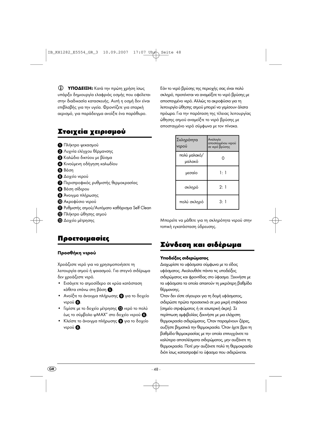 Kompernass KH 1282 operating instructions Στοιχεία χειρισµού, Προετοιµασίες, Σύνδεση και σιδέρωµα 