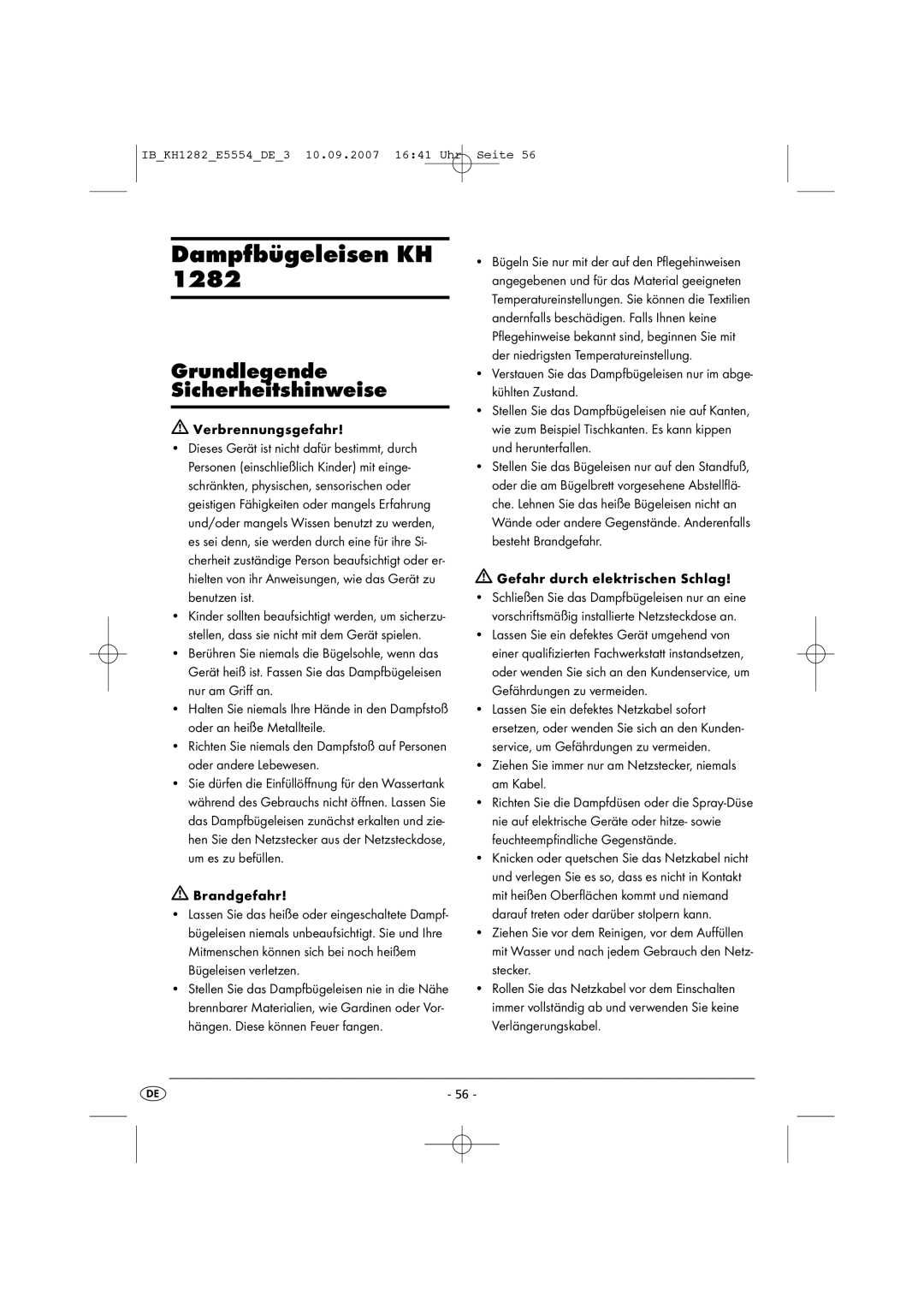 Kompernass KH 1282 operating instructions Dampfbügeleisen KH, Grundlegende Sicherheitshinweise 