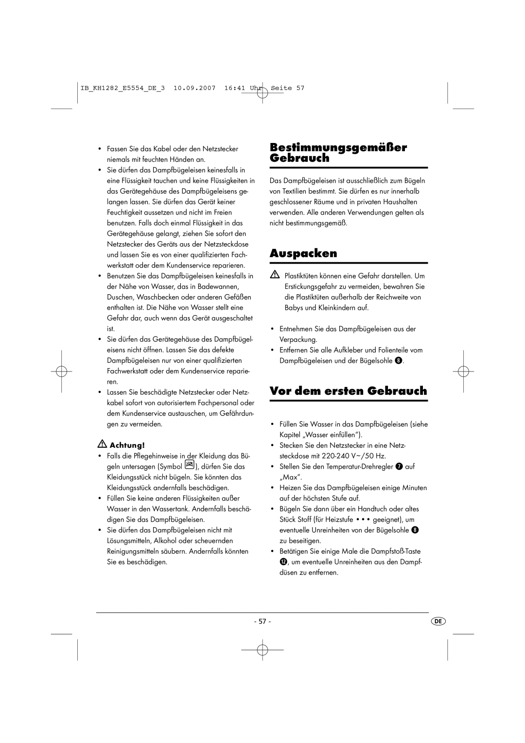 Kompernass KH 1282 operating instructions Bestimmungsgemäßer Gebrauch, Auspacken, Vor dem ersten Gebrauch, Achtung 