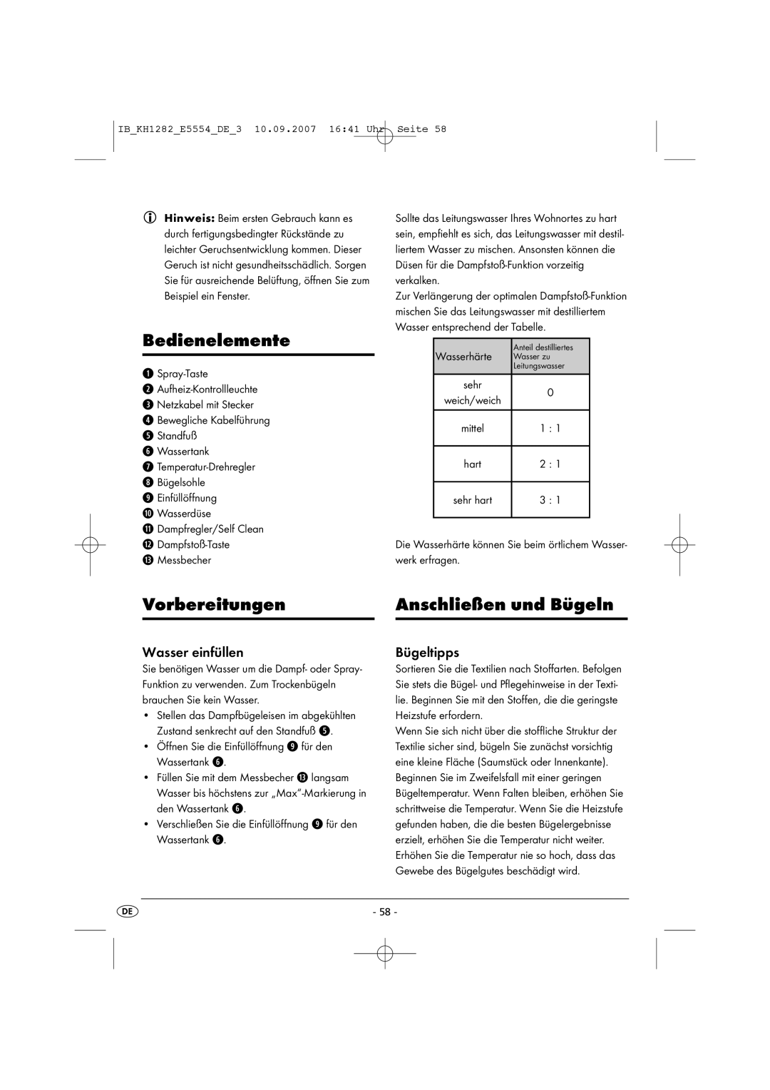 Kompernass KH 1282 operating instructions Bedienelemente, Vorbereitungen Anschließen und Bügeln 