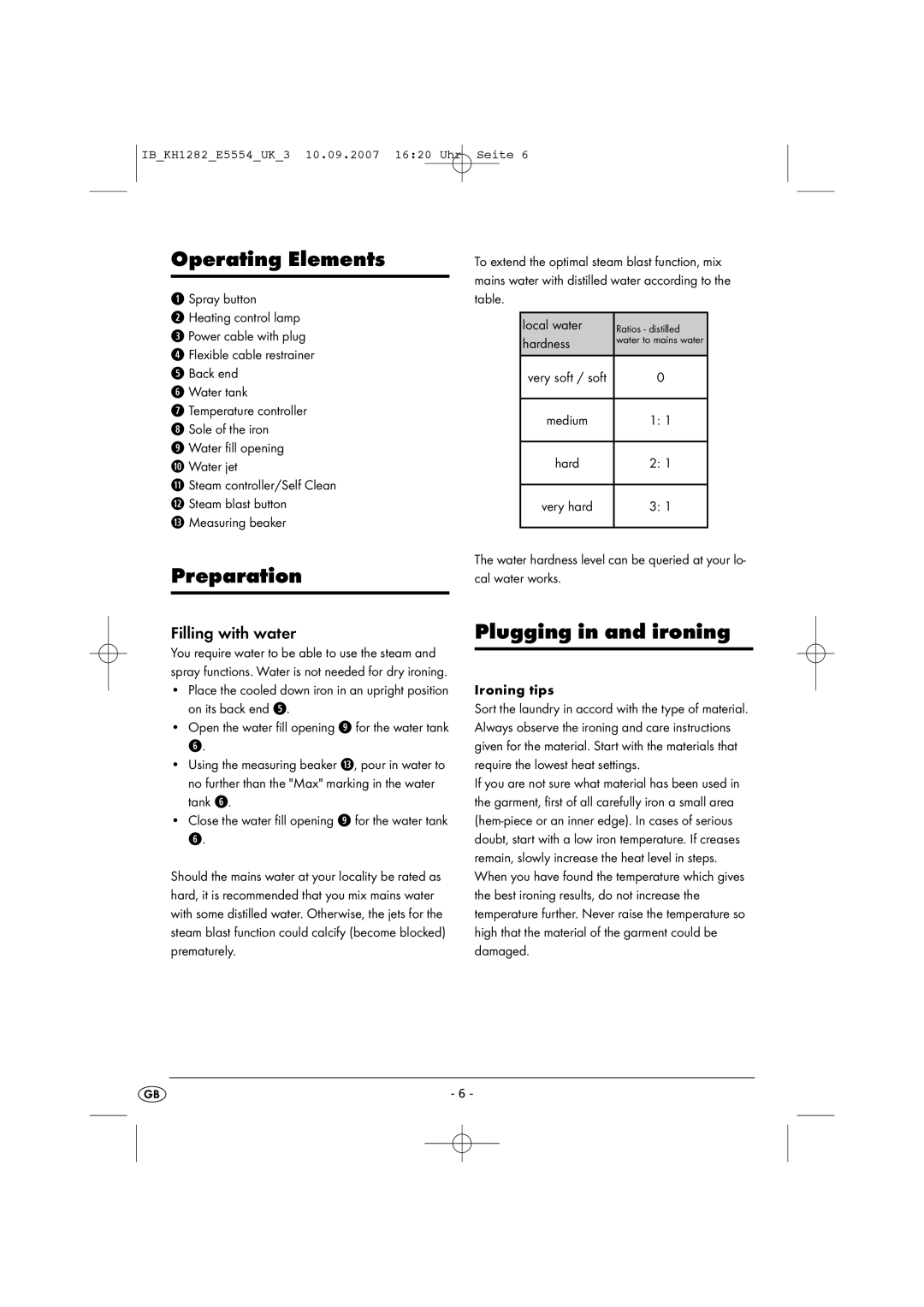 Kompernass KH 1282 operating instructions Operating Elements, Preparation, Plugging in and ironing 