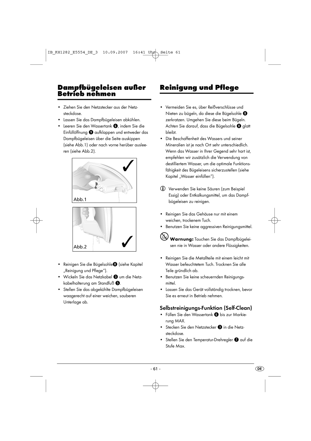 Kompernass KH 1282 operating instructions Dampfbügeleisen außer Betrieb nehmen, Reinigung und Pflege 