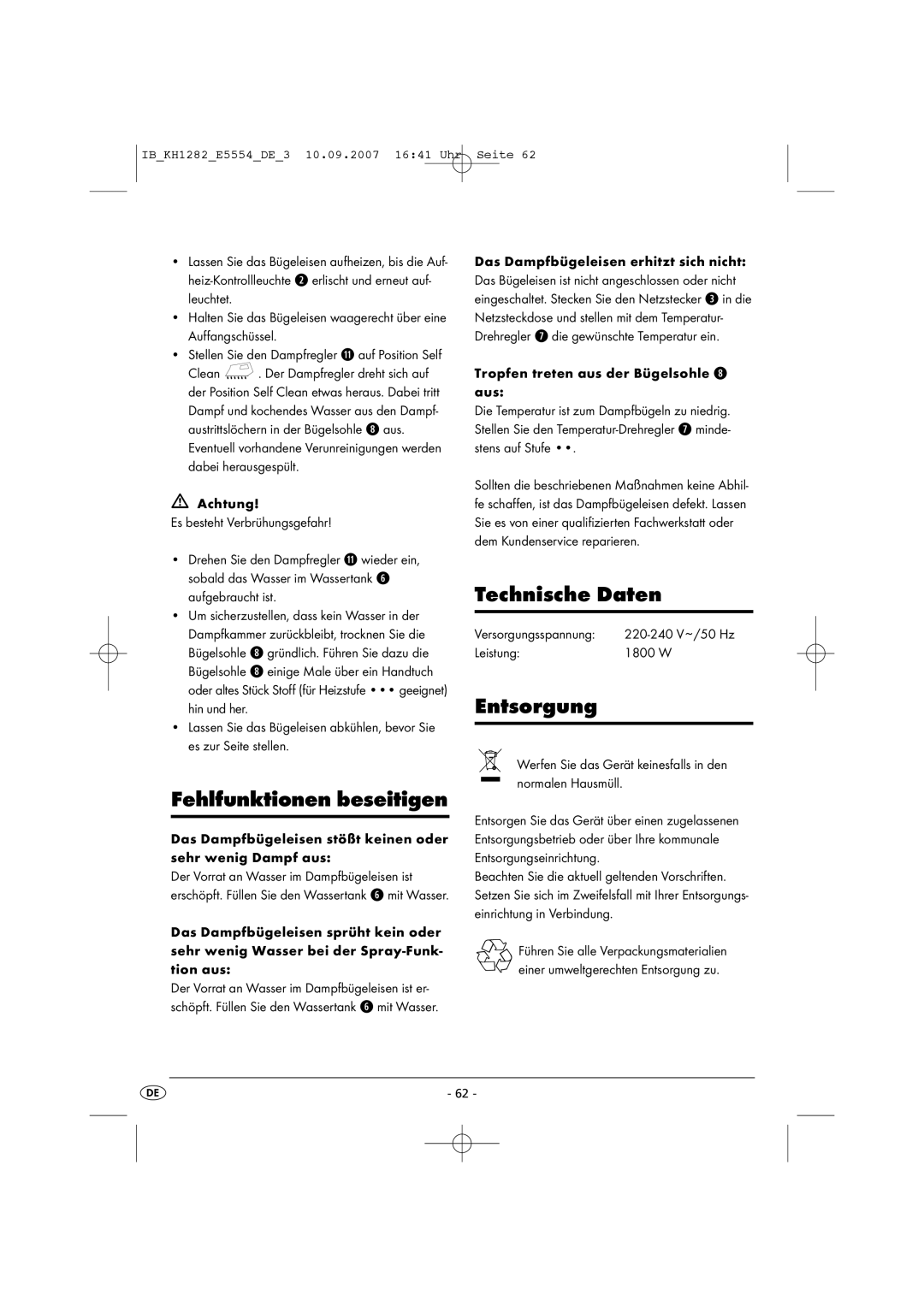 Kompernass KH 1282 operating instructions Fehlfunktionen beseitigen, Technische Daten, Entsorgung 