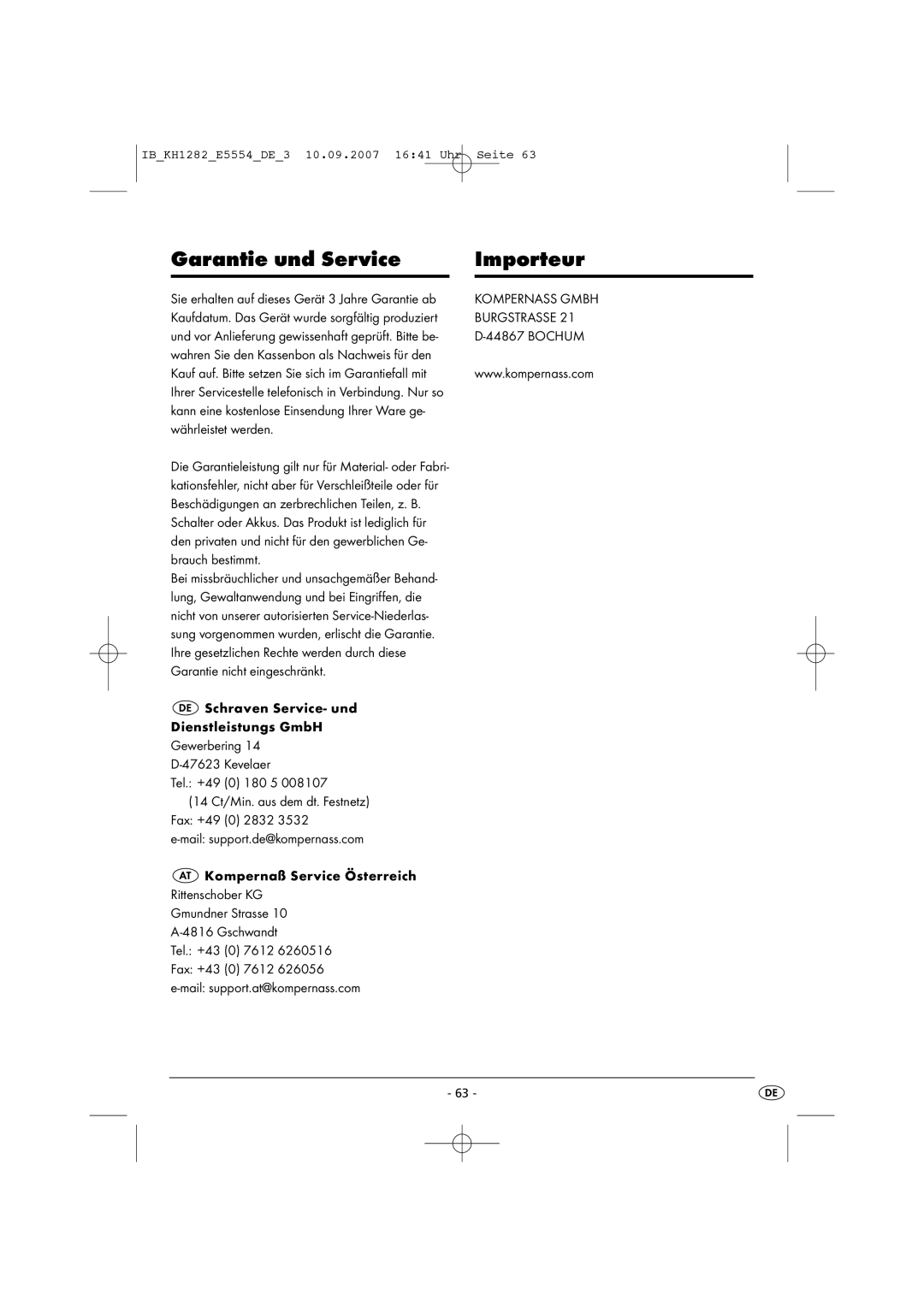 Kompernass KH 1282 operating instructions Garantie und Service Importeur, Währleistet werden, Brauch bestimmt 