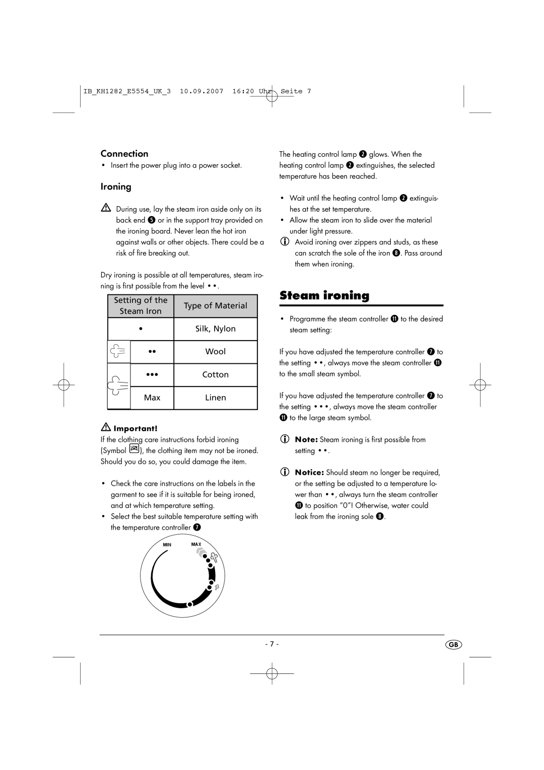 Kompernass KH 1282 operating instructions Steam ironing, Insert the power plug into a power socket 