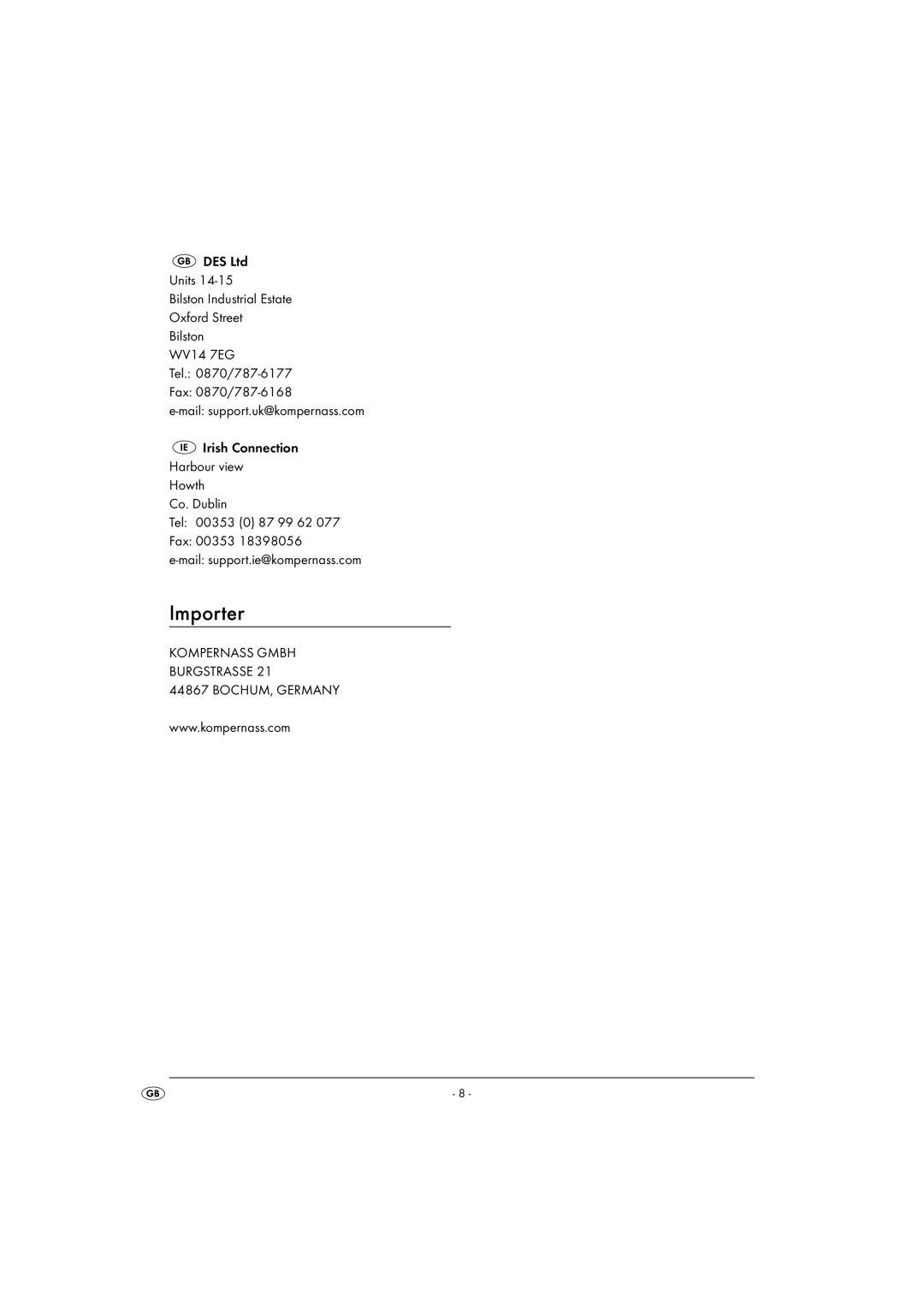 Kompernass KH 1283 operating instructions Importer 