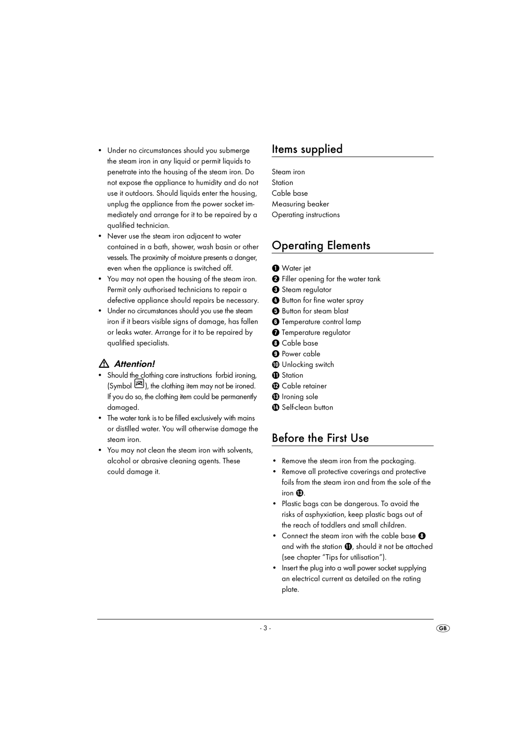 Kompernass KH 1283 operating instructions Items supplied, Operating Elements, Before the First Use, Self-clean button 