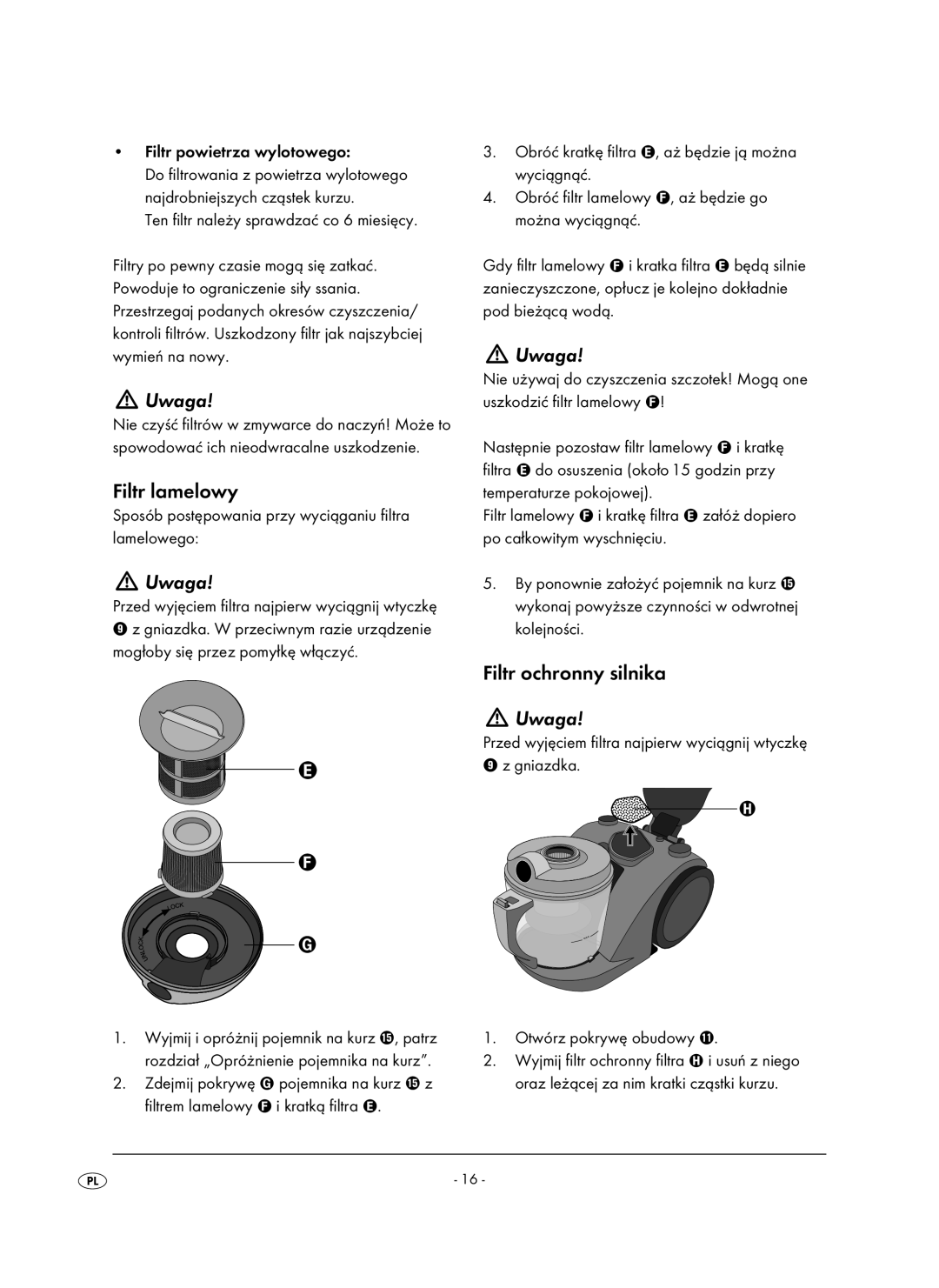 Kompernass KH 1410 operating instructions Filtr lamelowy, Filtr ochronny silnika 