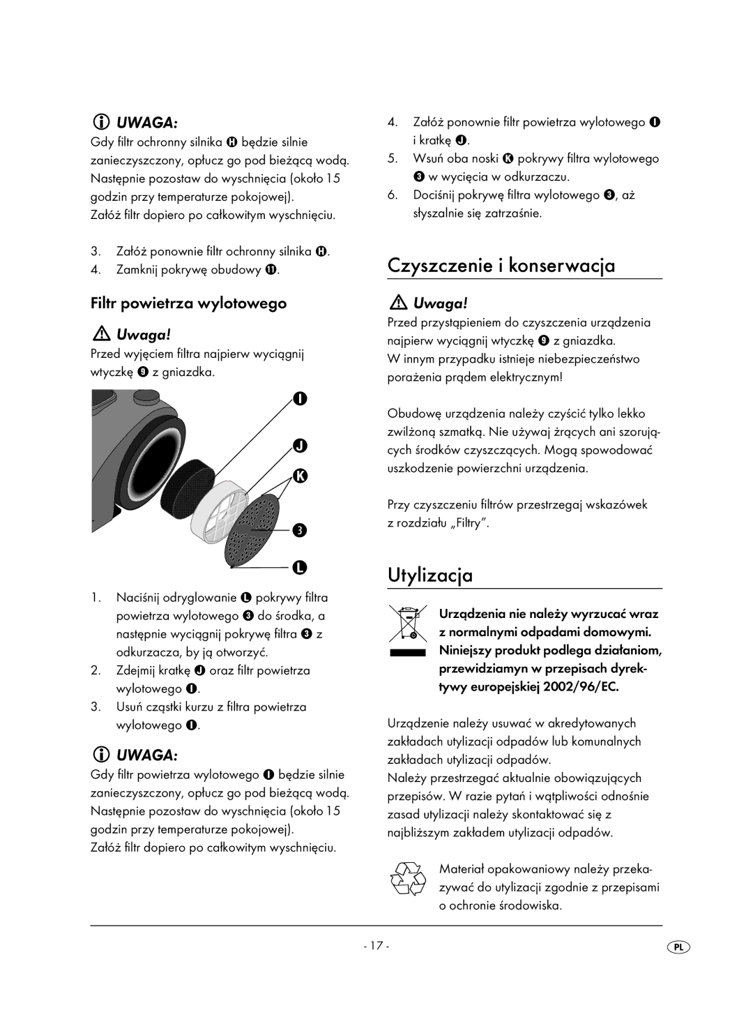 Kompernass KH 1410 operating instructions Czyszczenie i konserwacja, Utylizacja, Filtr powietrza wylotowego 