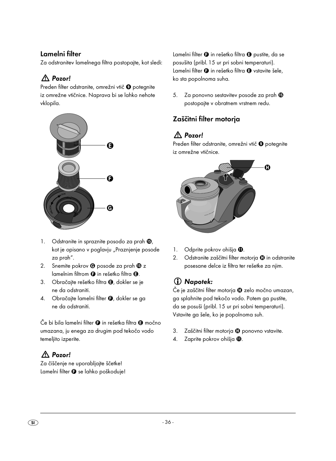 Kompernass KH 1410 operating instructions Lamelni filter, Zaščitni filter motorja 