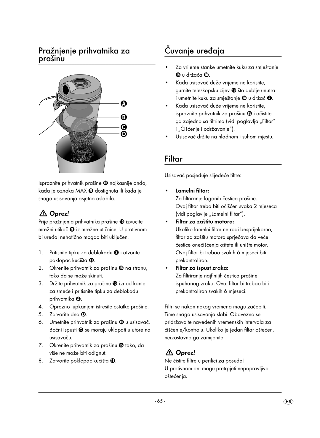 Kompernass KH 1410 operating instructions Pražnjenje prihvatnika za prašinu, Čuvanje uređaja, Filtar 