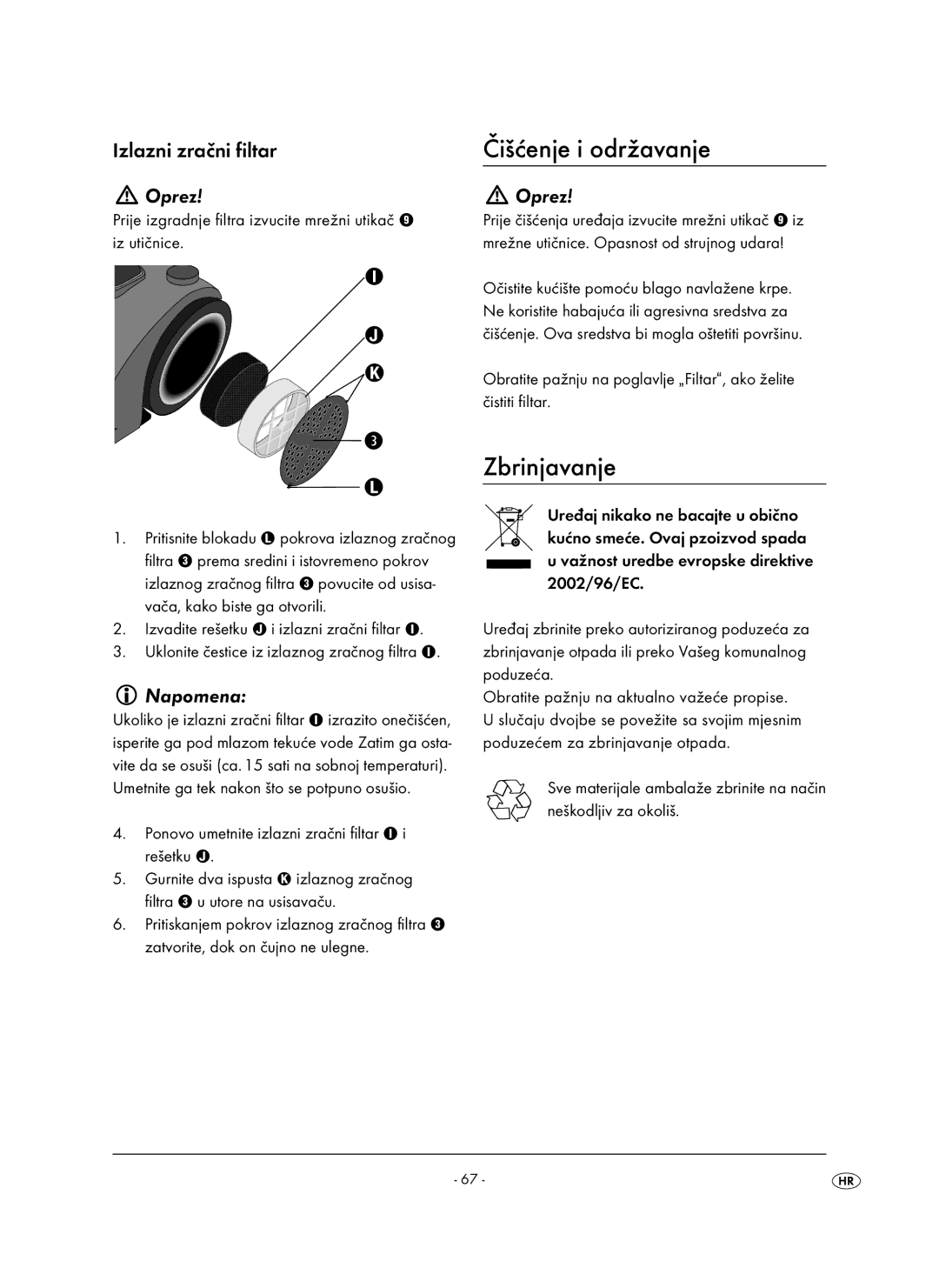 Kompernass KH 1410 operating instructions Čišćenje i održavanje, Zbrinjavanje, Izlazni zračni filtar 