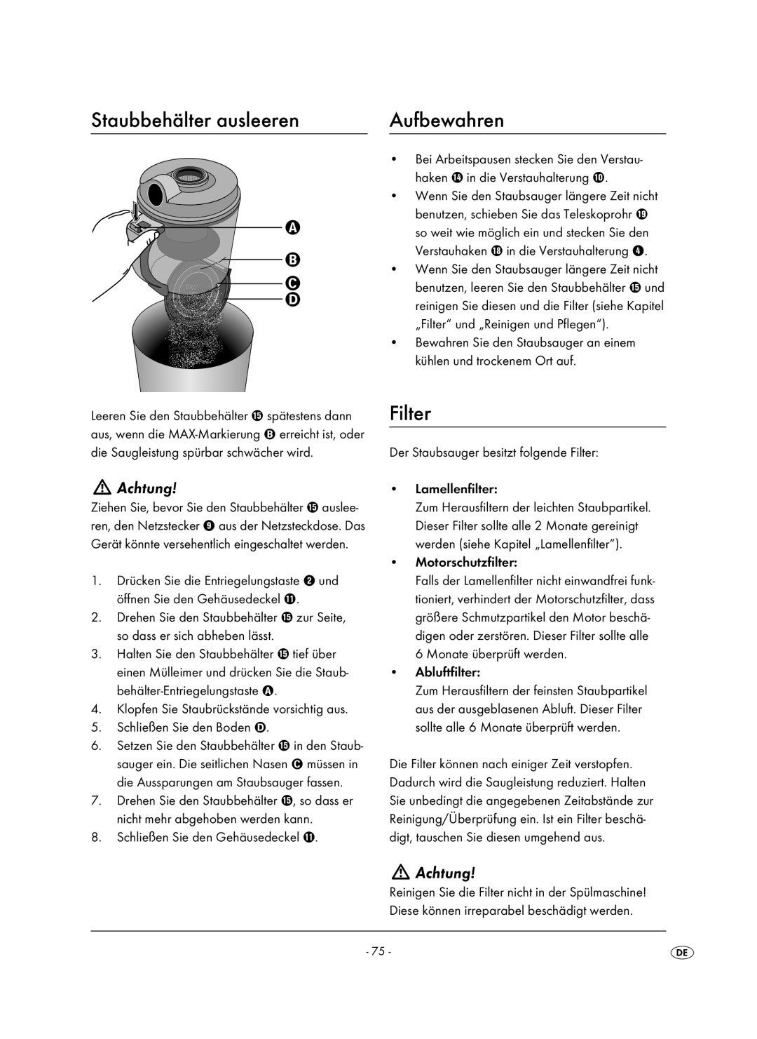 Kompernass KH 1410 operating instructions Staubbehälter ausleeren Aufbewahren 