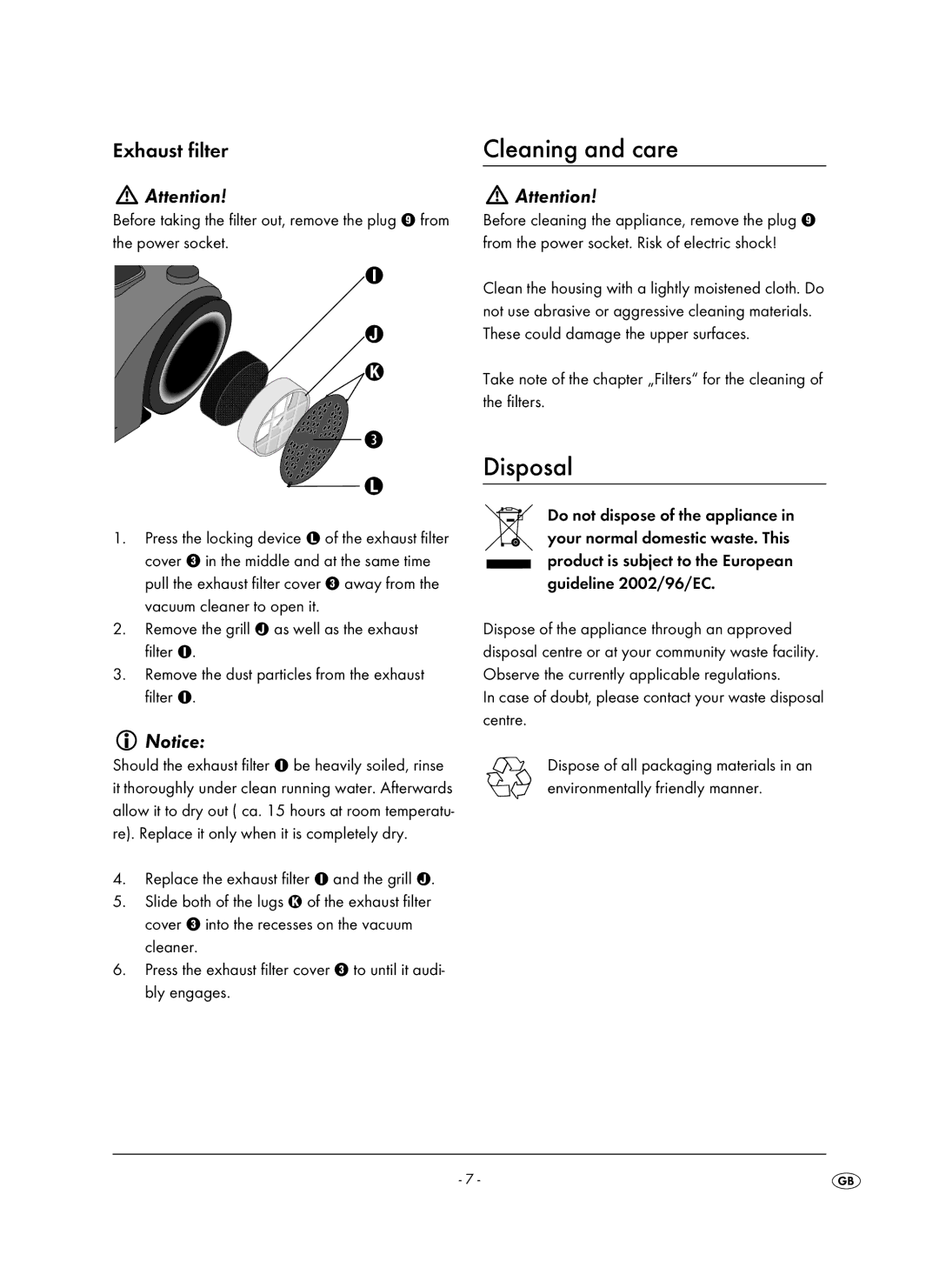 Kompernass KH 1410 operating instructions Cleaning and care, Disposal, Exhaust filter 