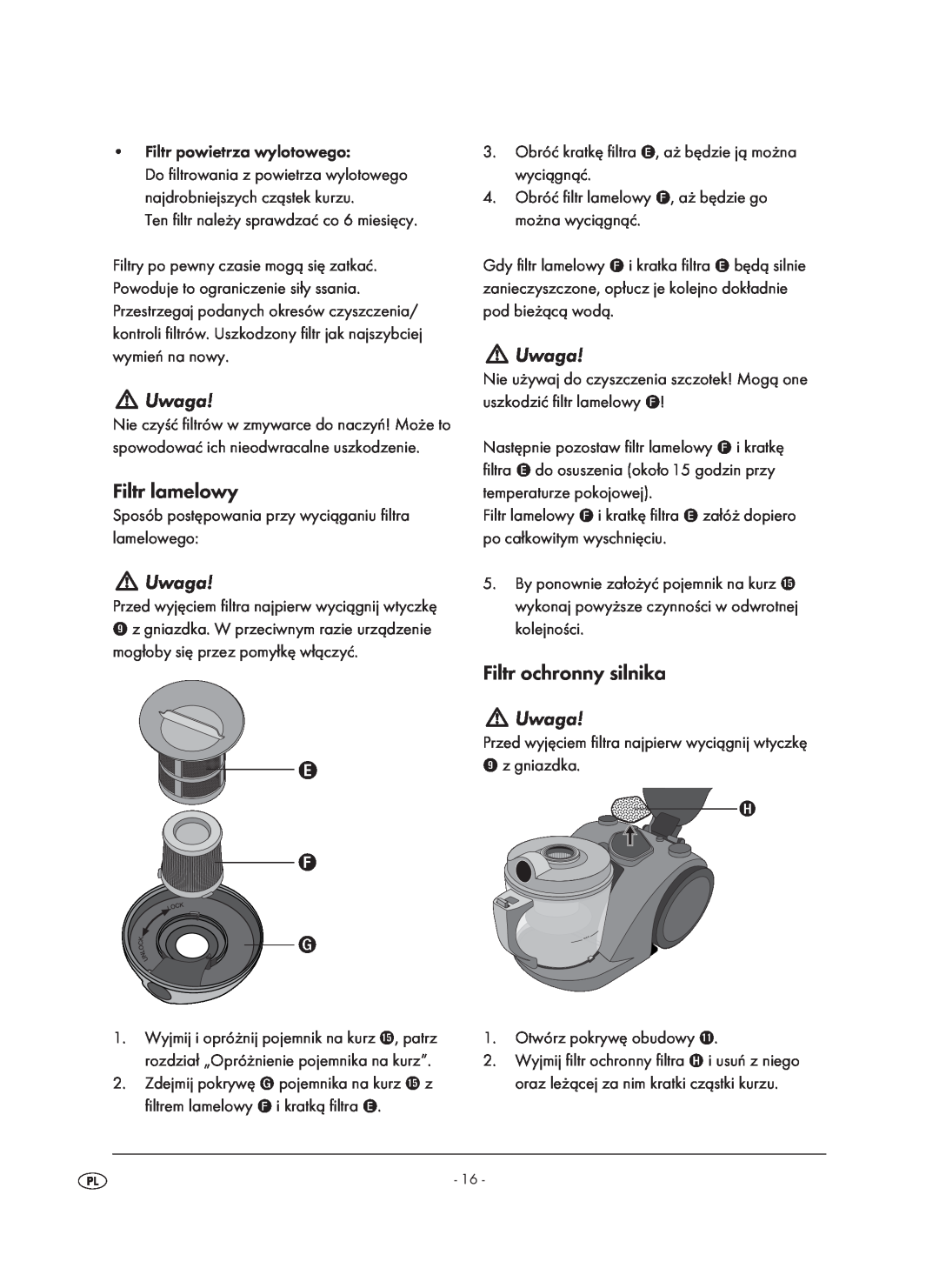Kompernass KH 1410 operating instructions Uwaga, Filtr lamelowy, Filtr ochronny silnika 