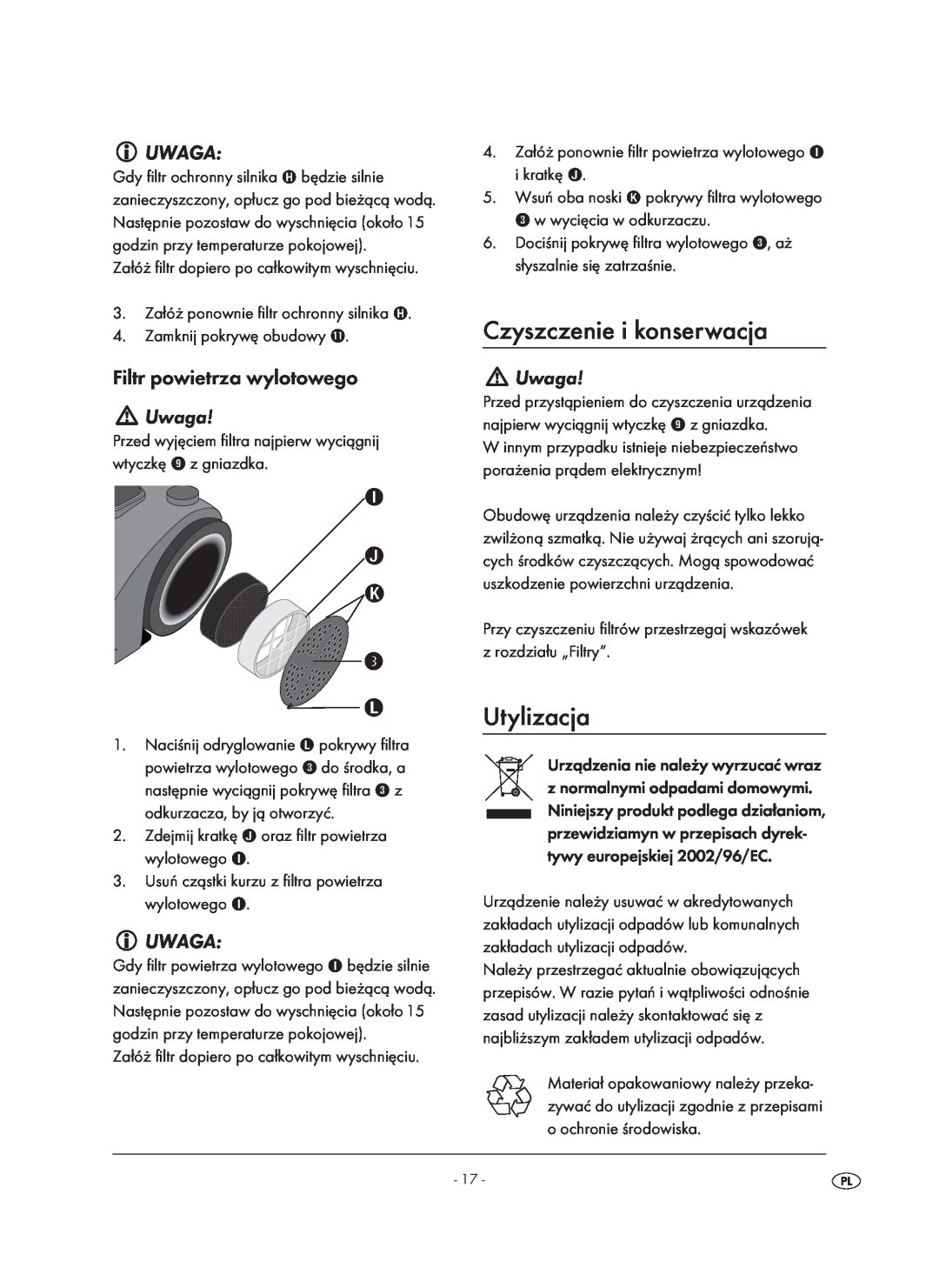 Kompernass KH 1410 operating instructions Czyszczenie i konserwacja, Utylizacja, Uwaga, Filtr powietrza wylotowego 