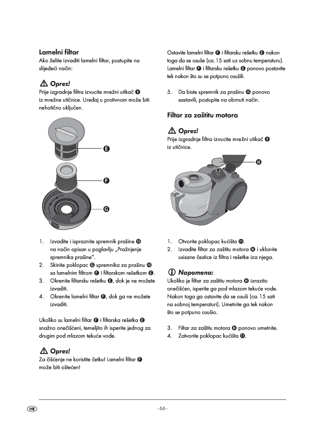 Kompernass KH 1410 operating instructions Lamelni filtar, Oprez, Filtar za zaštitu motora, Napomena 