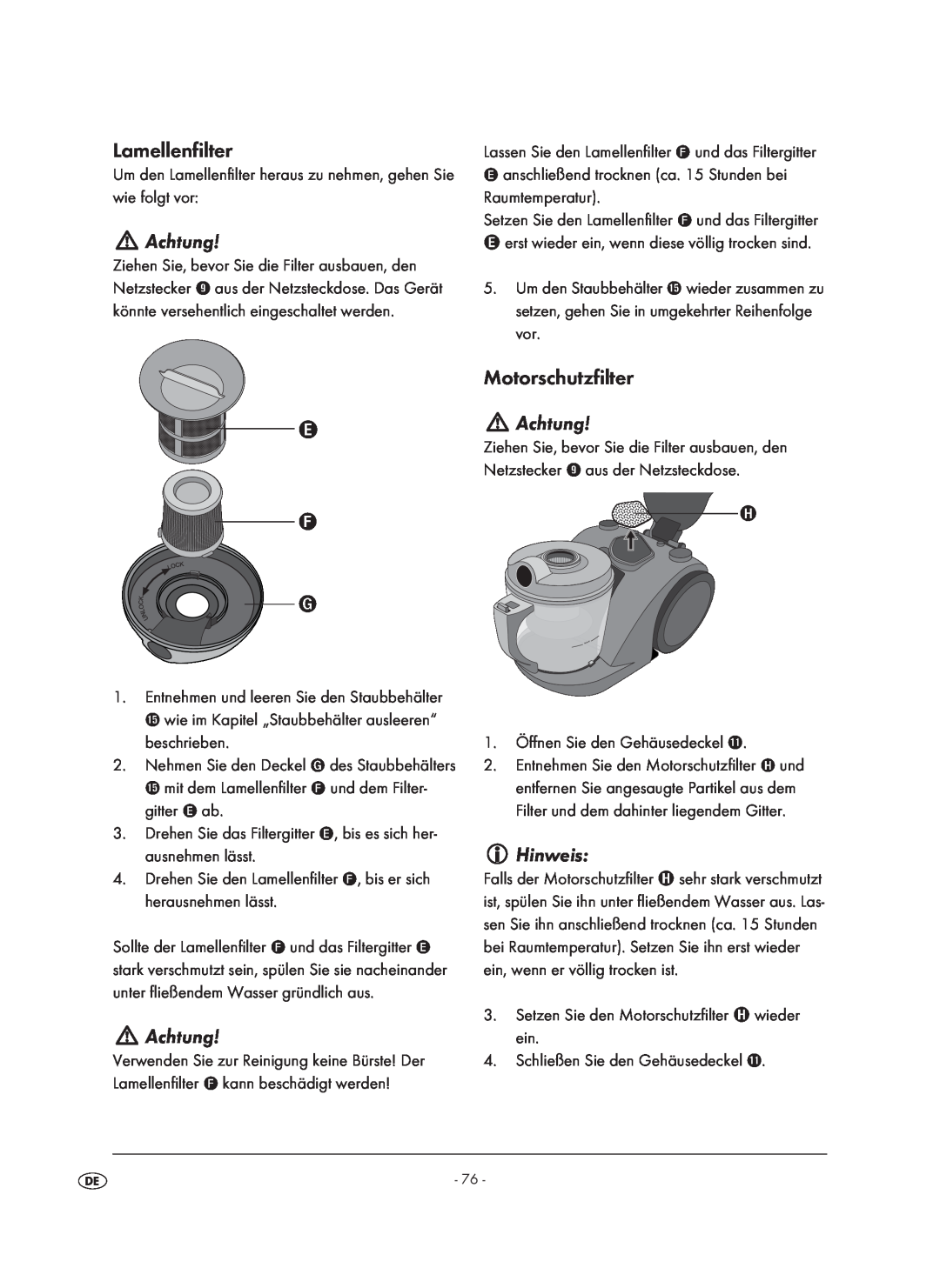 Kompernass KH 1410 operating instructions Lamellenfilter, Achtung, Motorschutzfilter, Hinweis 
