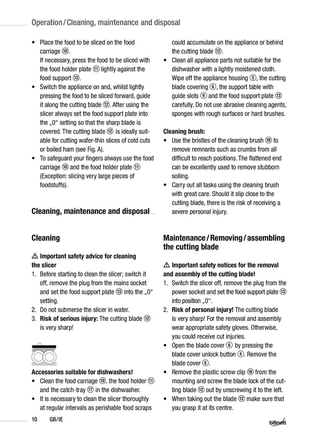 Kompernass KH 150 SE manual Operation / Cleaning, maintenance and disposal, Important safety advice for cleaning the slicer 