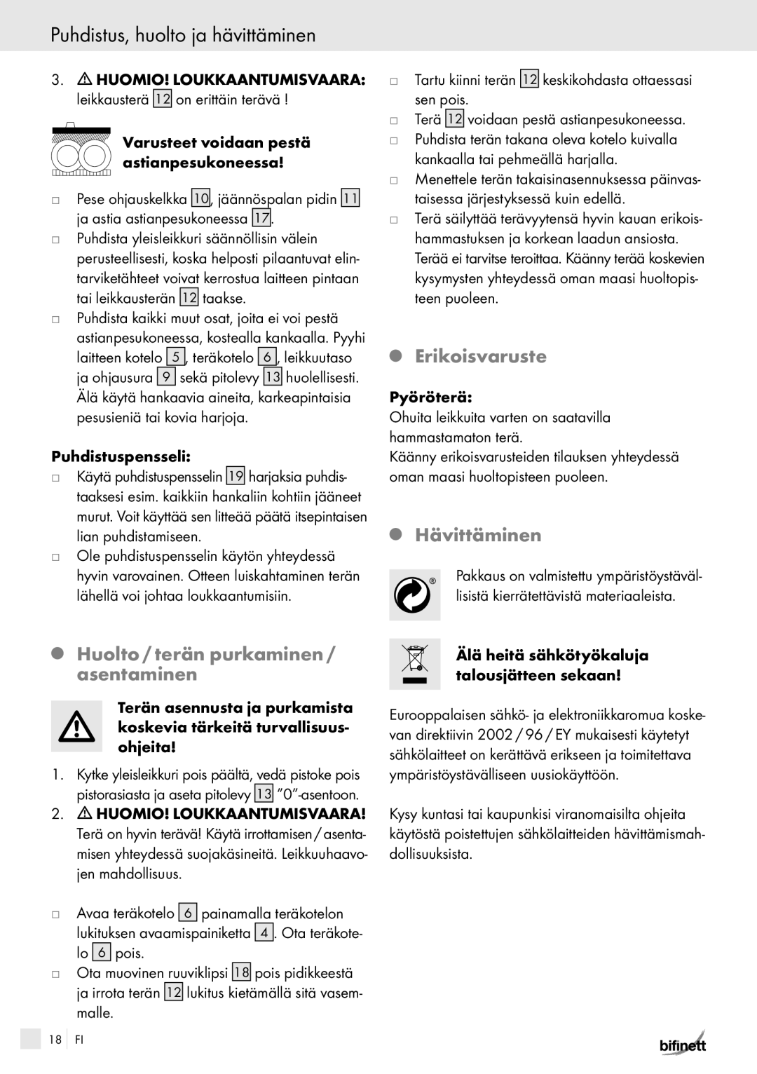 Kompernass KH 150 manual Puhdistus, huolto ja hävittäminen, Erikoisvaruste, Hävittäminen, Huolto / terän purkaminen /  