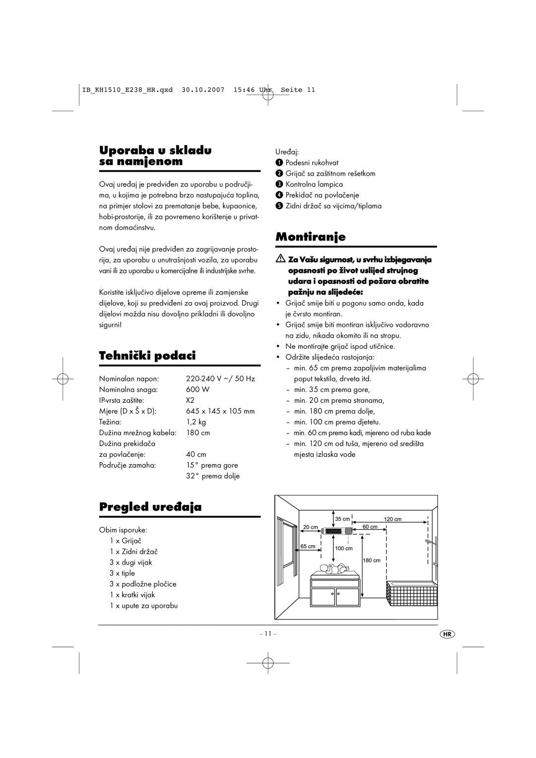 Kompernass KH 1510 manual Uporaba u skladu sa namjenom, Tehnički podaci, Montiranje, Pregled uređaja 