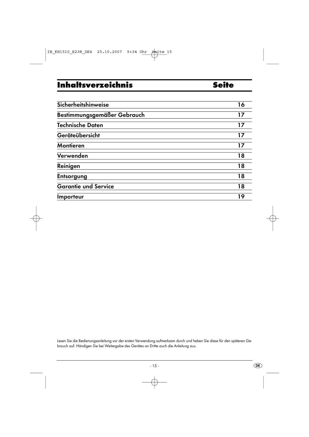 Kompernass KH 1510 manual Inhaltsverzeichnis Seite 