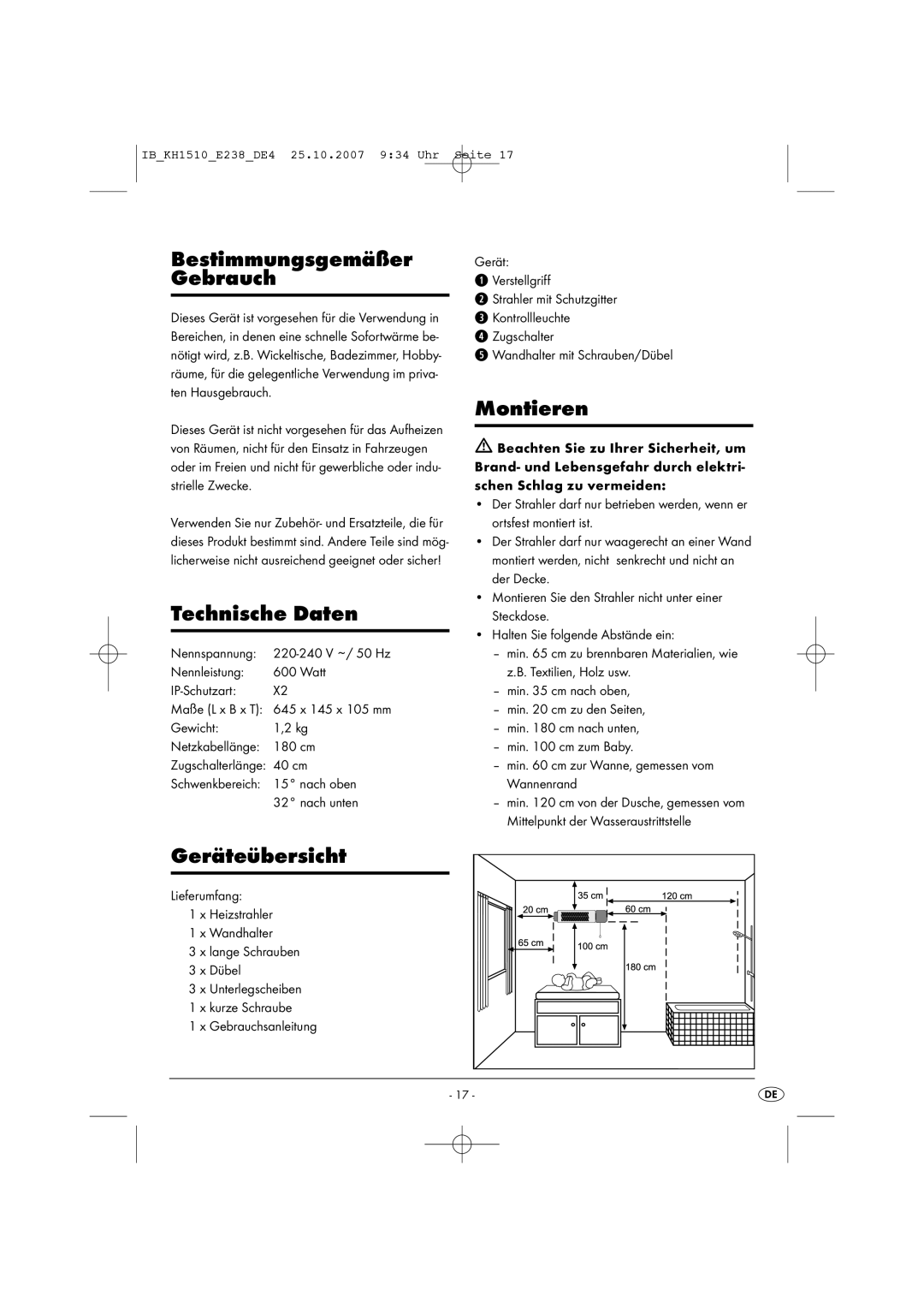 Kompernass KH 1510 manual Bestimmungsgemäßer Gebrauch, Technische Daten, Montieren, Geräteübersicht 