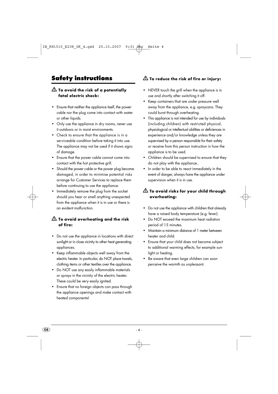 Kompernass KH 1510 manual Safety instructions, To avoid risks for your child through overheating 