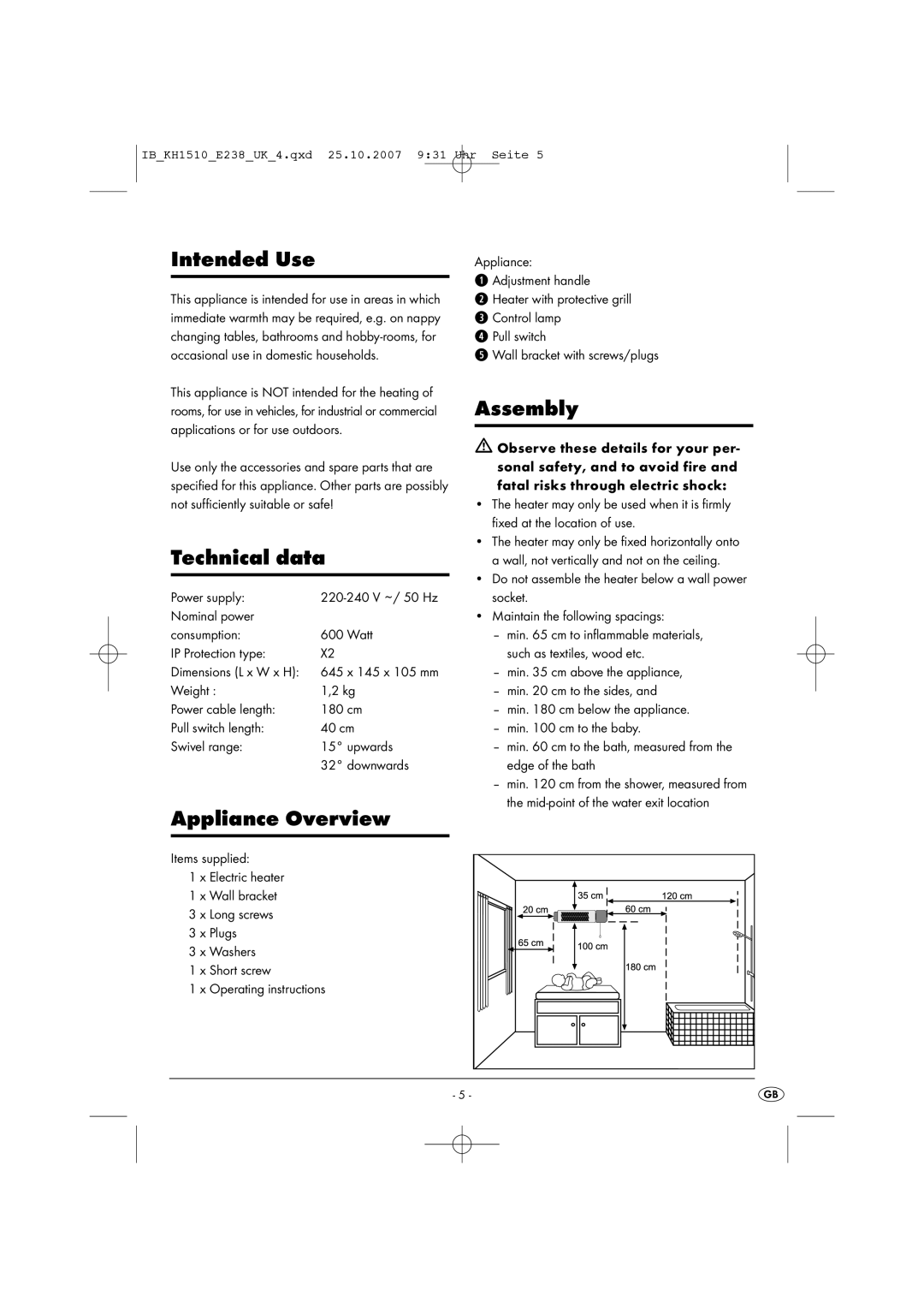 Kompernass KH 1510 manual Intended Use, Technical data, Appliance Overview, Assembly 