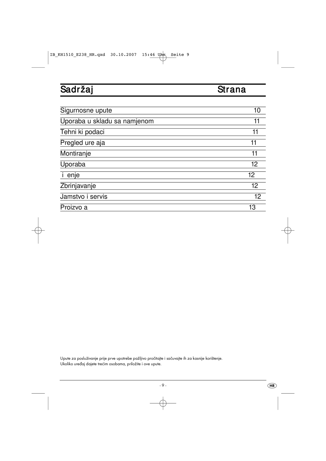 Kompernass KH 1510 manual Sadržaj Strana 