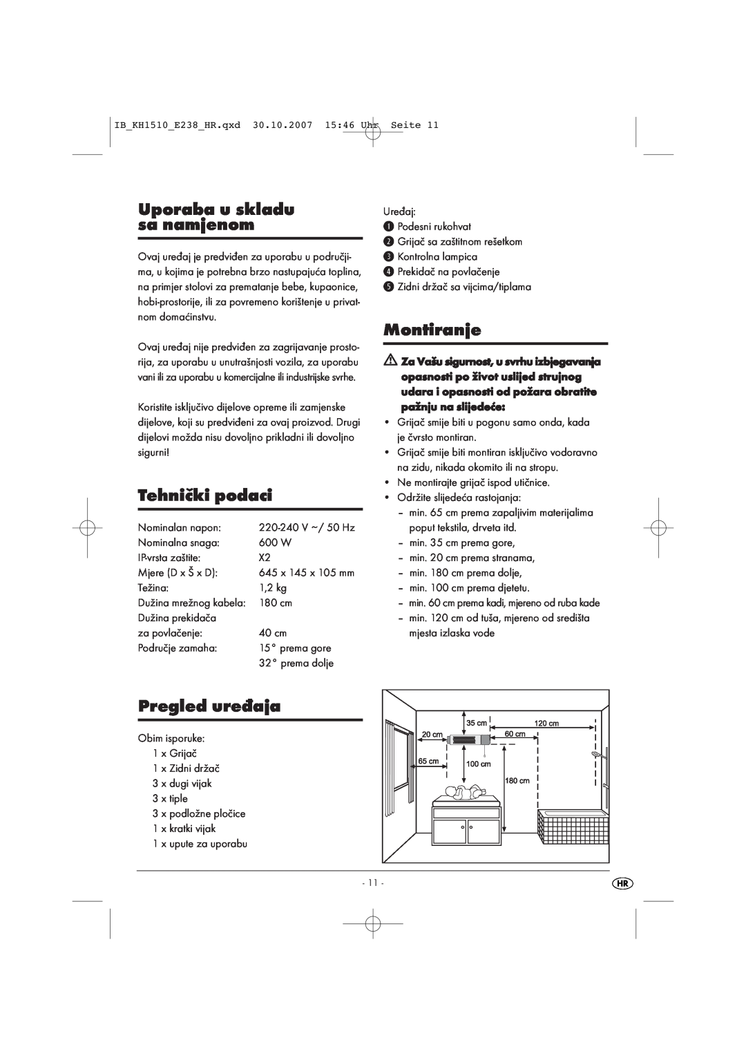 Kompernass KH 1510 manual Uporaba u skladu sa namjenom, Tehnički podaci, Montiranje, Pregled uređaja 