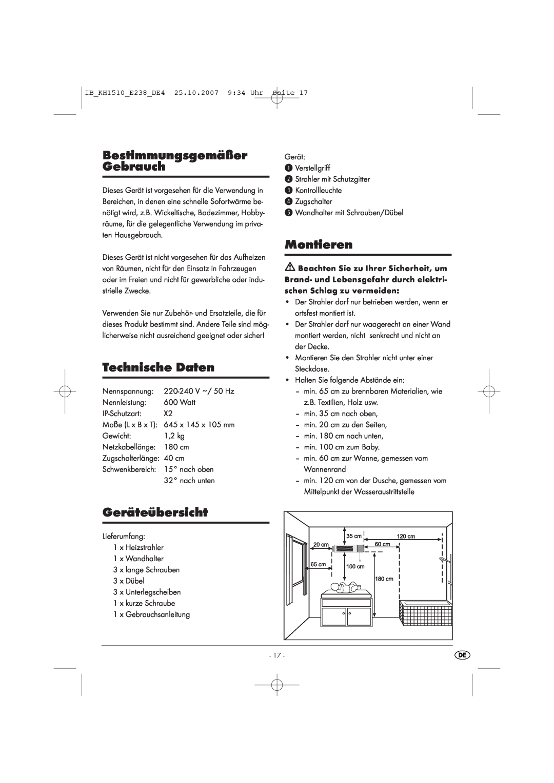 Kompernass KH 1510 manual Bestimmungsgemäßer Gebrauch, Technische Daten, Montieren, Geräteübersicht 