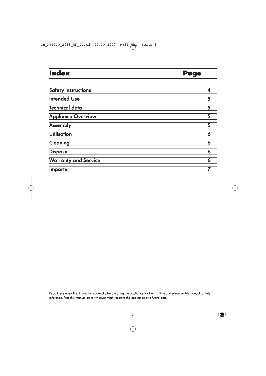 Kompernass KH 1510 manual Index, Page 