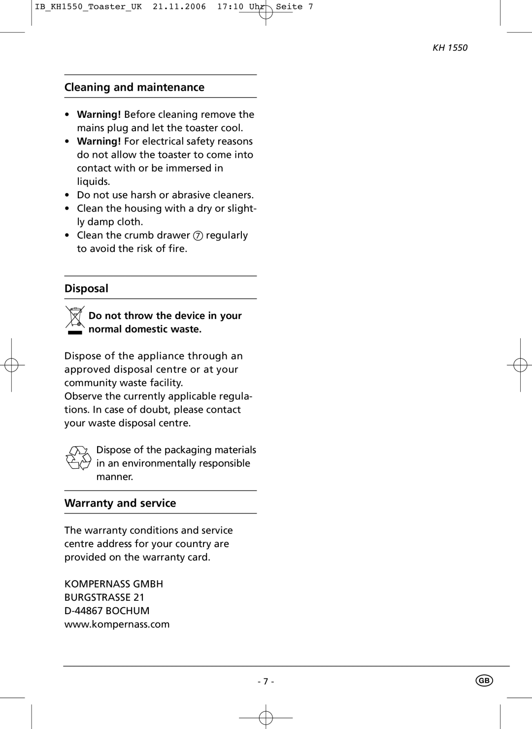 Kompernass KH 1550 manual Do not throw the device in your normal domestic waste 