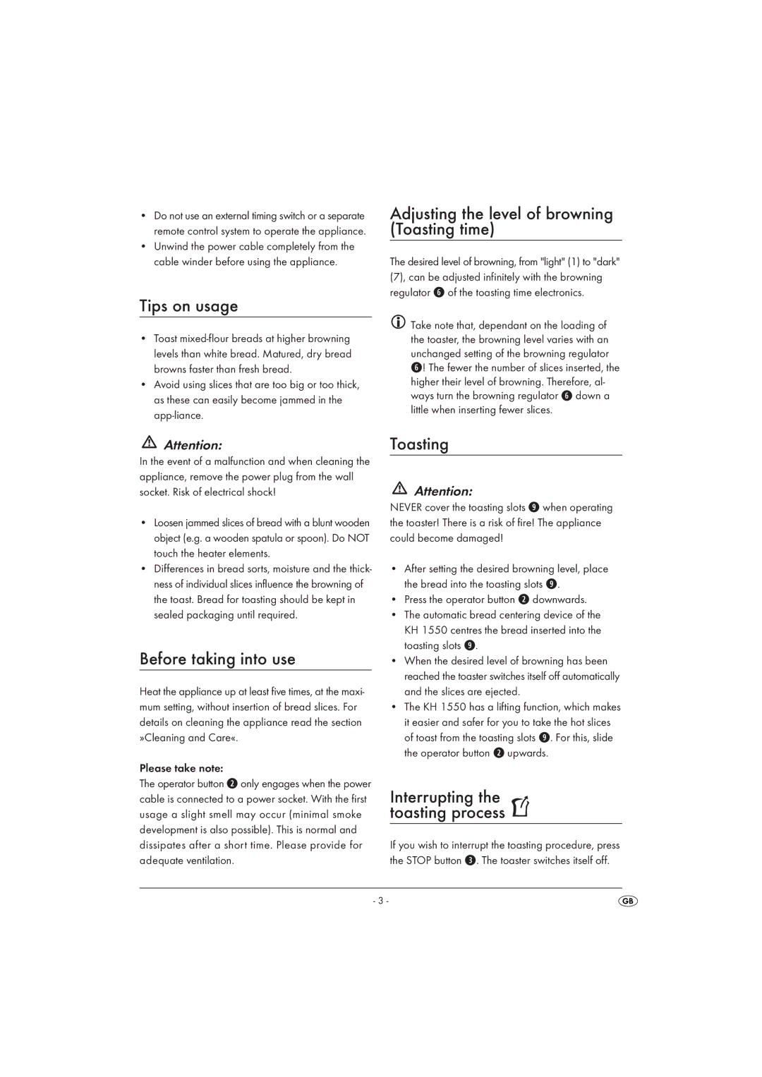Kompernass KH 1550 Tips on usage, Adjusting the level of browning Toasting time, Before taking into use 