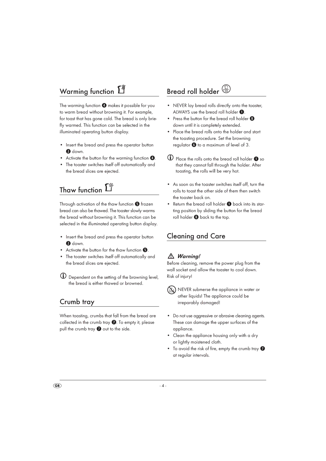 Kompernass KH 1550 operating instructions Warming function, Thaw function, Crumb tray, Bread roll holder, Cleaning and Care 
