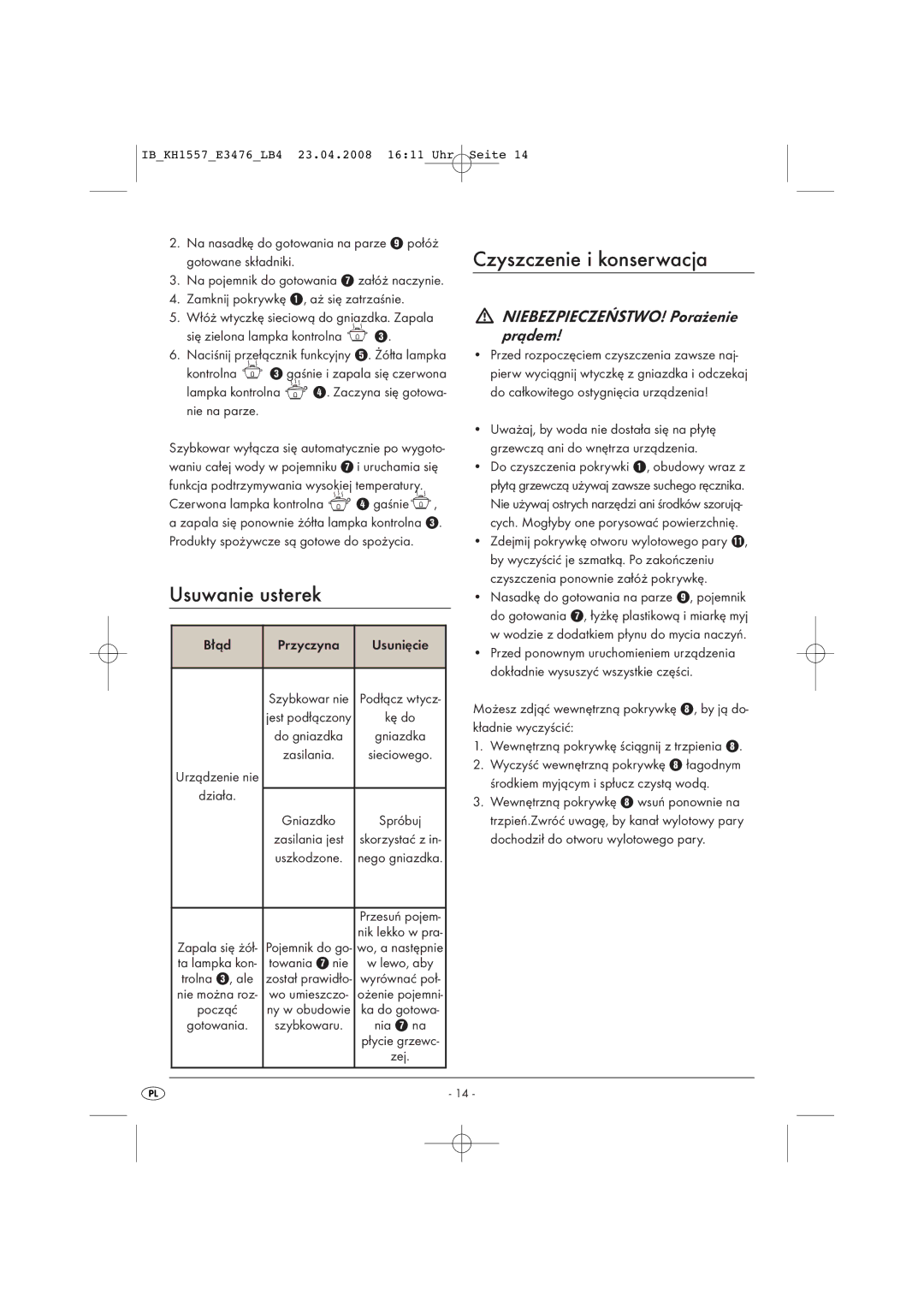 Kompernass KH 1557 operating instructions Usuwanie usterek, Czyszczenie i konserwacja 